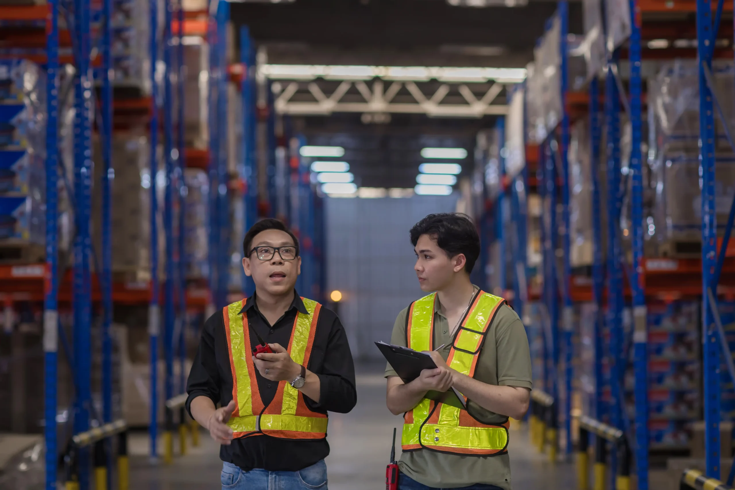 Warehouse workers conducting a sector-specific supply chain inspection in a large storage facility.