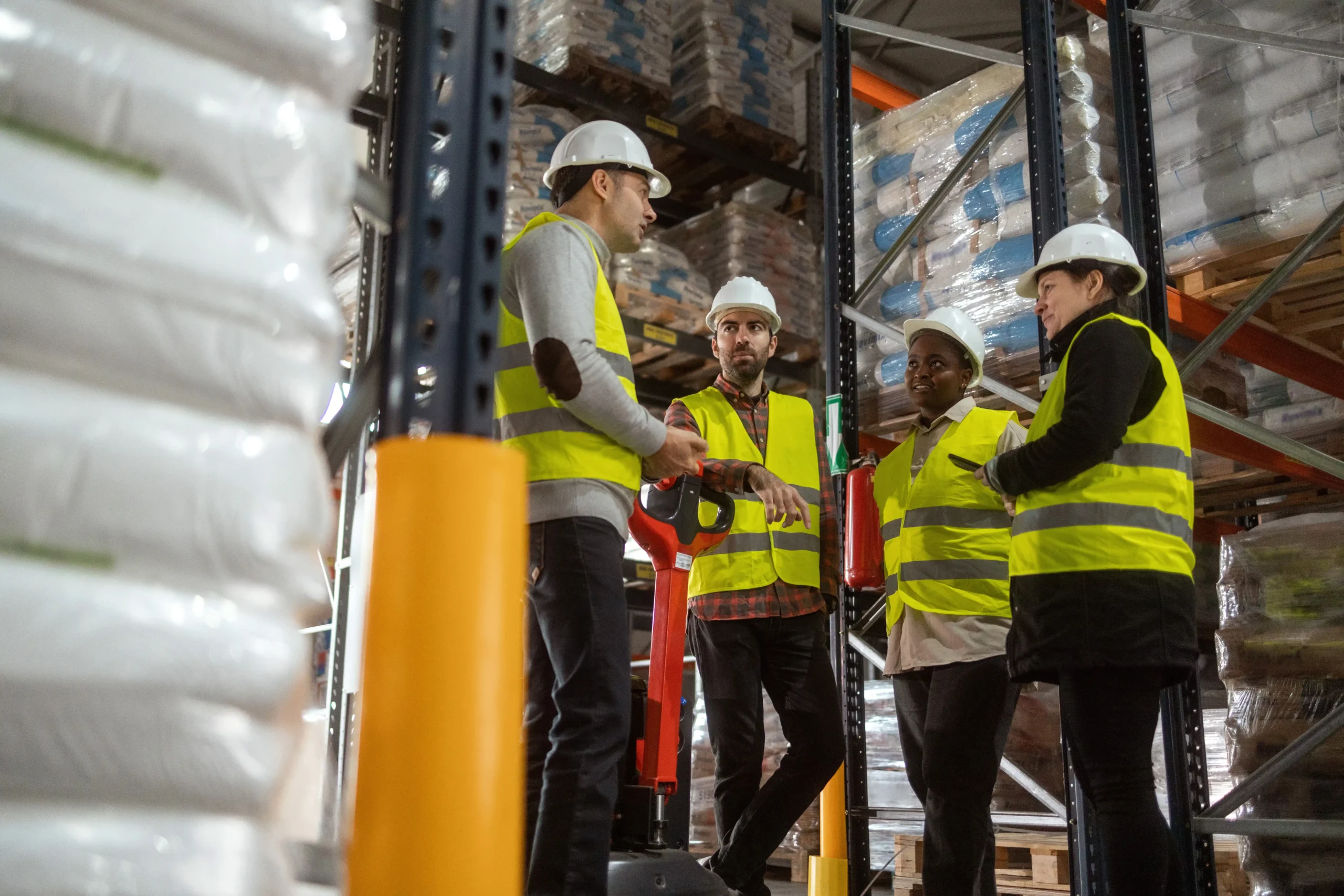 A team of warehouse workers in safety gear discussing inventory management and compliance procedures.