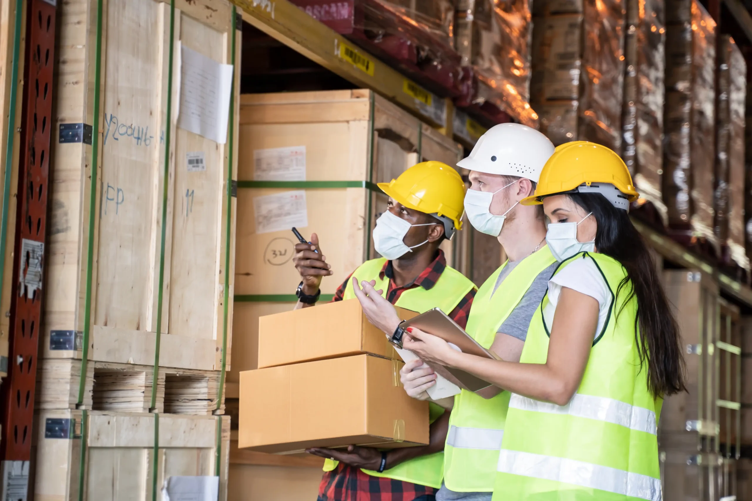 A female warehouse worker holding a tablet, discussing operational and compliance protocols with a supervisor.