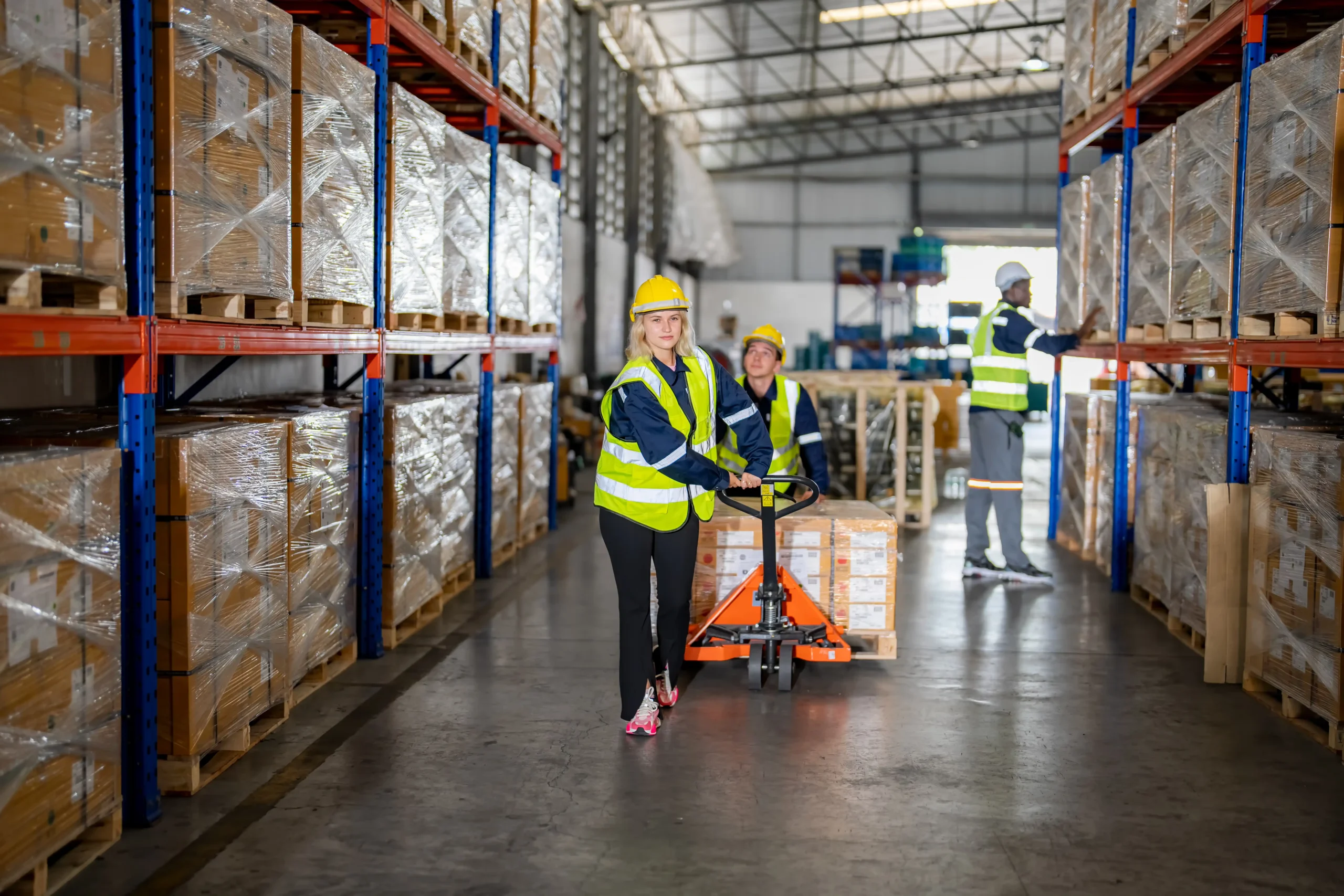 Worker moving cardboard boxes in a secure warehouse facility as part of specialized logistics services.