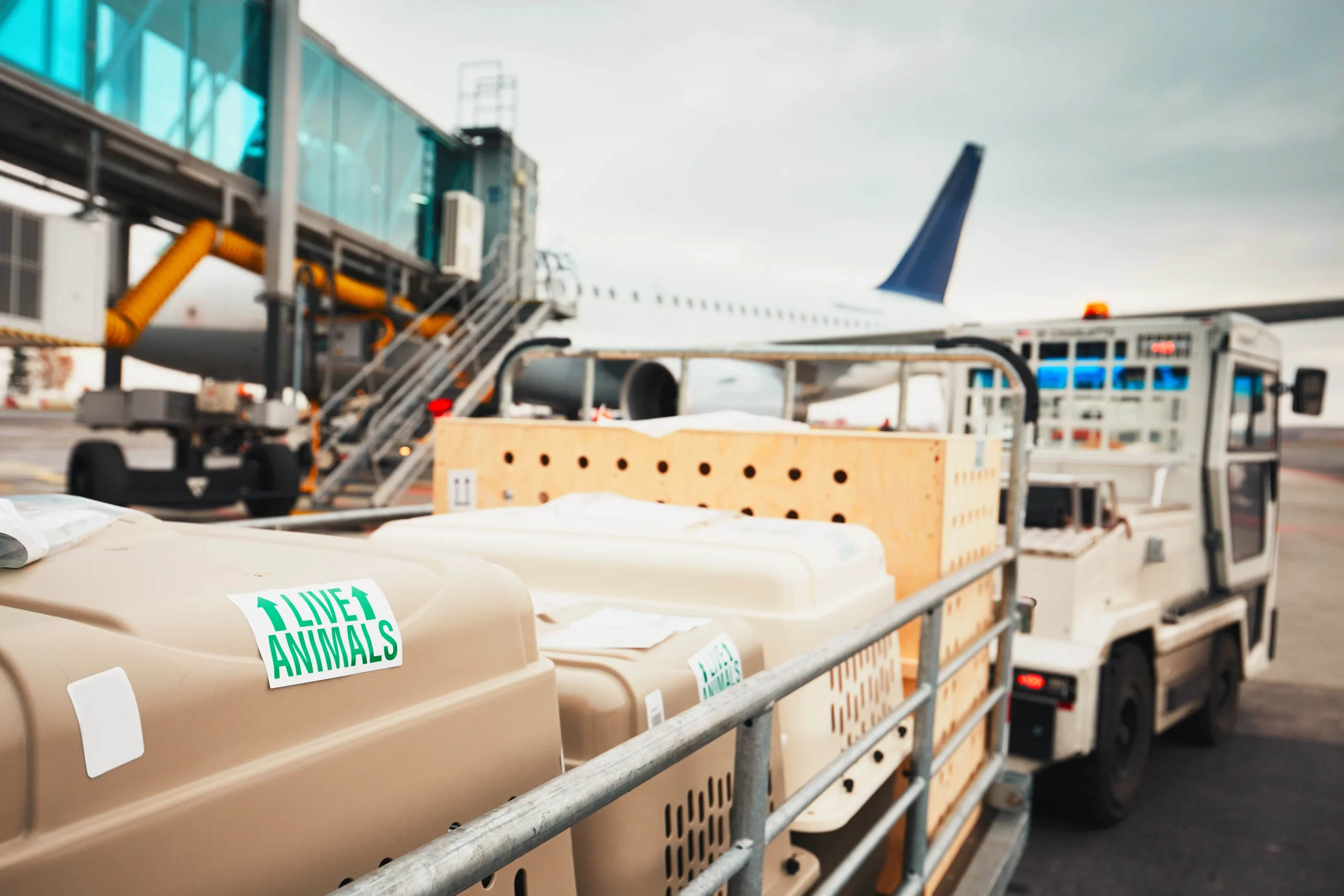 Airline ground crew managing live animal crates on a trolley near an aircraft, illustrating the specialized logistics services in the airline industry.