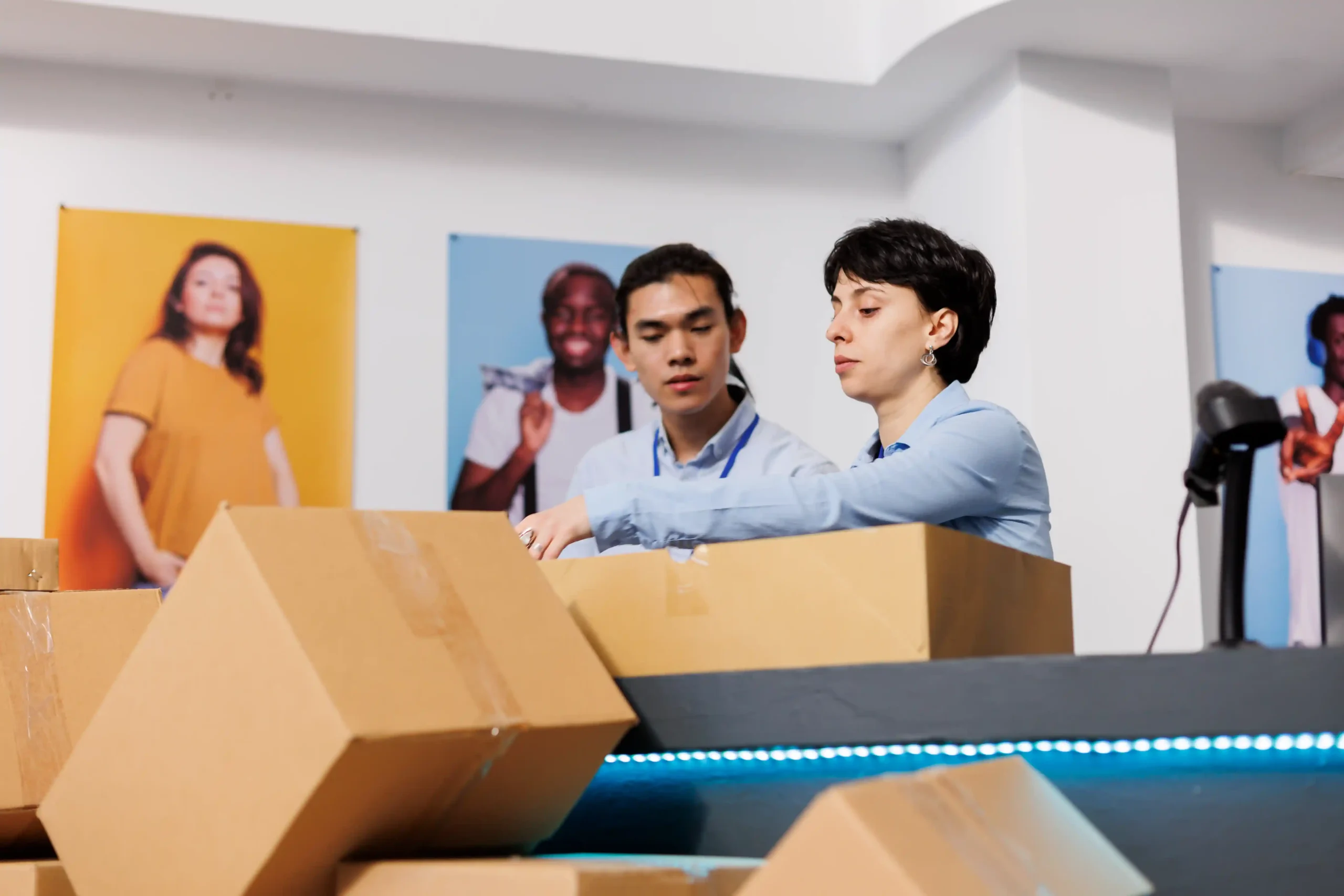 Employees organizing customer orders with cardboard boxes on a workstation in a distribution center.