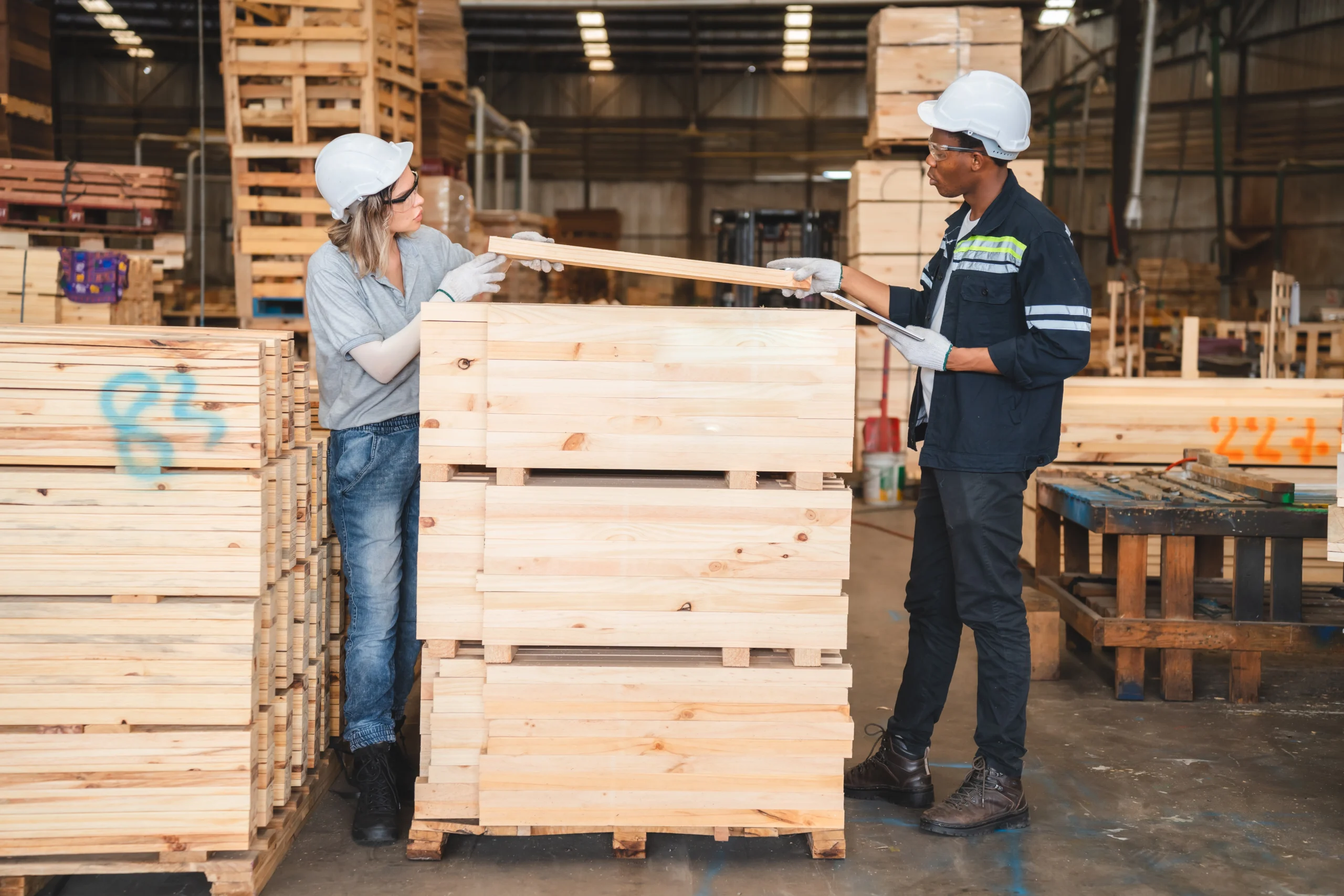 Two workers inspecting wooden pallets in a warehouse as part of quality control for palletization.