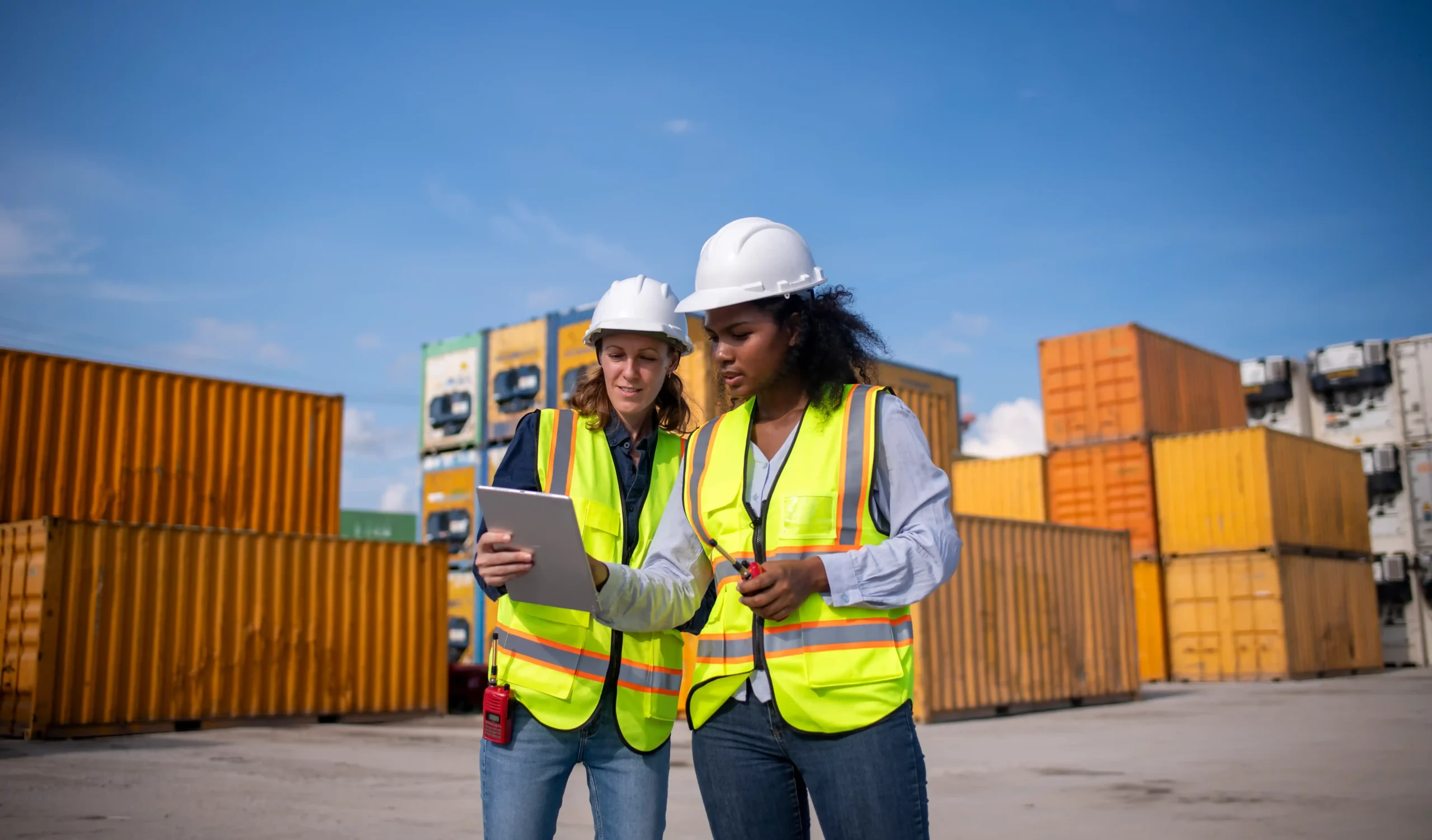 Two female engineers wearing hard hats and safety vests inspecting logistics operations at a cargo yard.