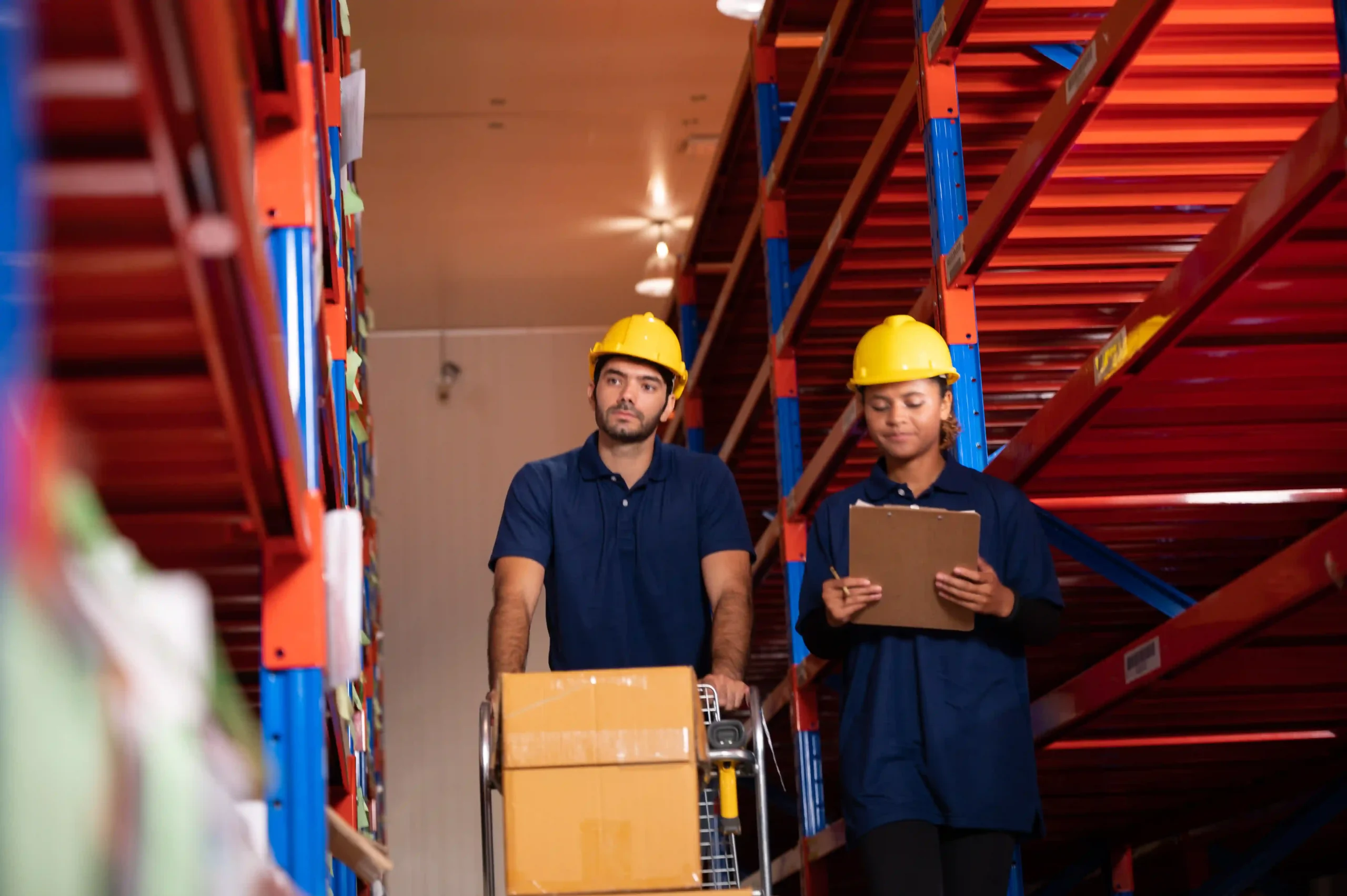 A foreman and team members working together in a warehouse with industrial racks and boxes, emphasizing collaboration in implementing warehouse storage solutions.