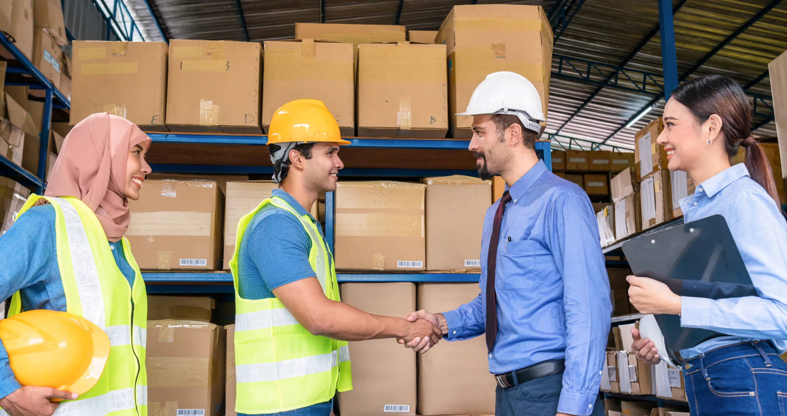 Diverse warehouse team discussing logistics operations in front of stacked cardboard boxes.