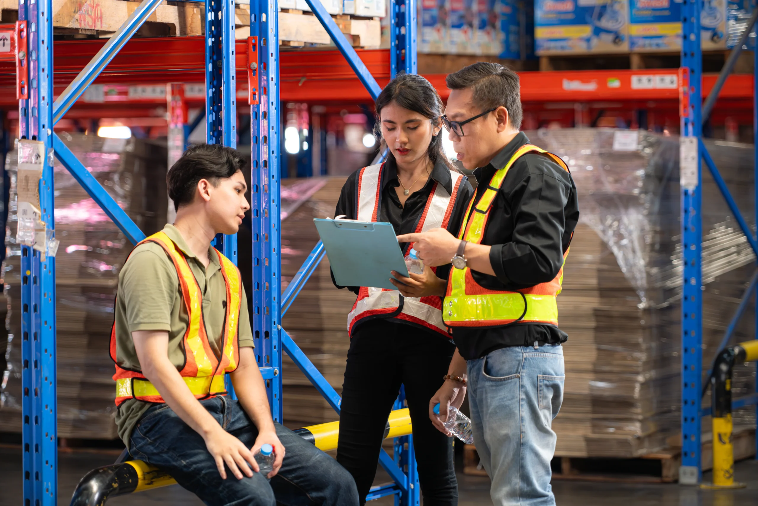 A team of warehouse employees reviewing documents during a break, highlighting teamwork in supply chain operations.