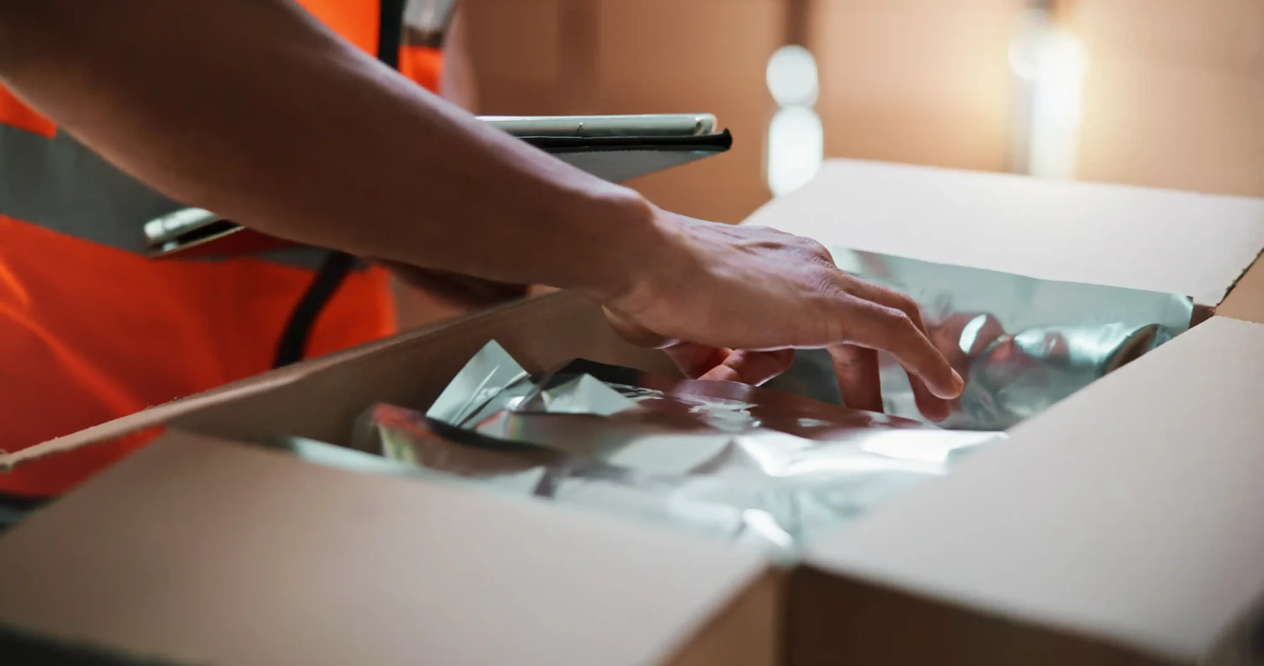 Close-up of hands handling a box with a tablet during logistics operations in a warehouse.