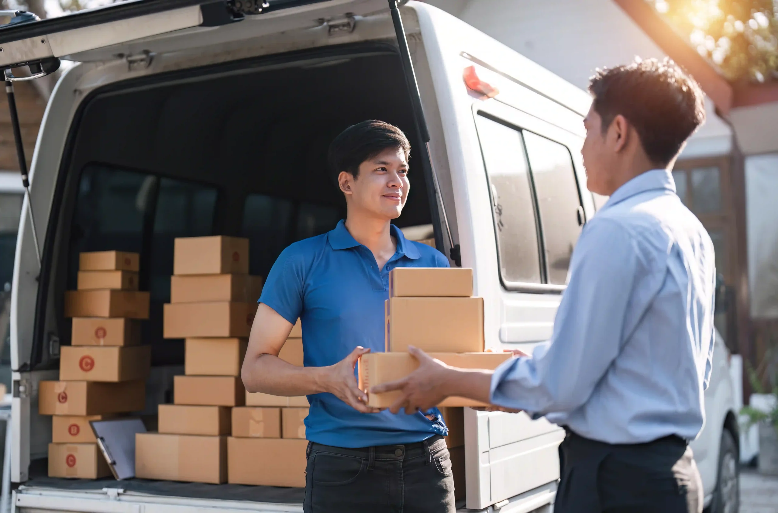 A delivery worker hands a package to a client, with a van loaded with cardboard boxes in the background, showcasing professional shipping services