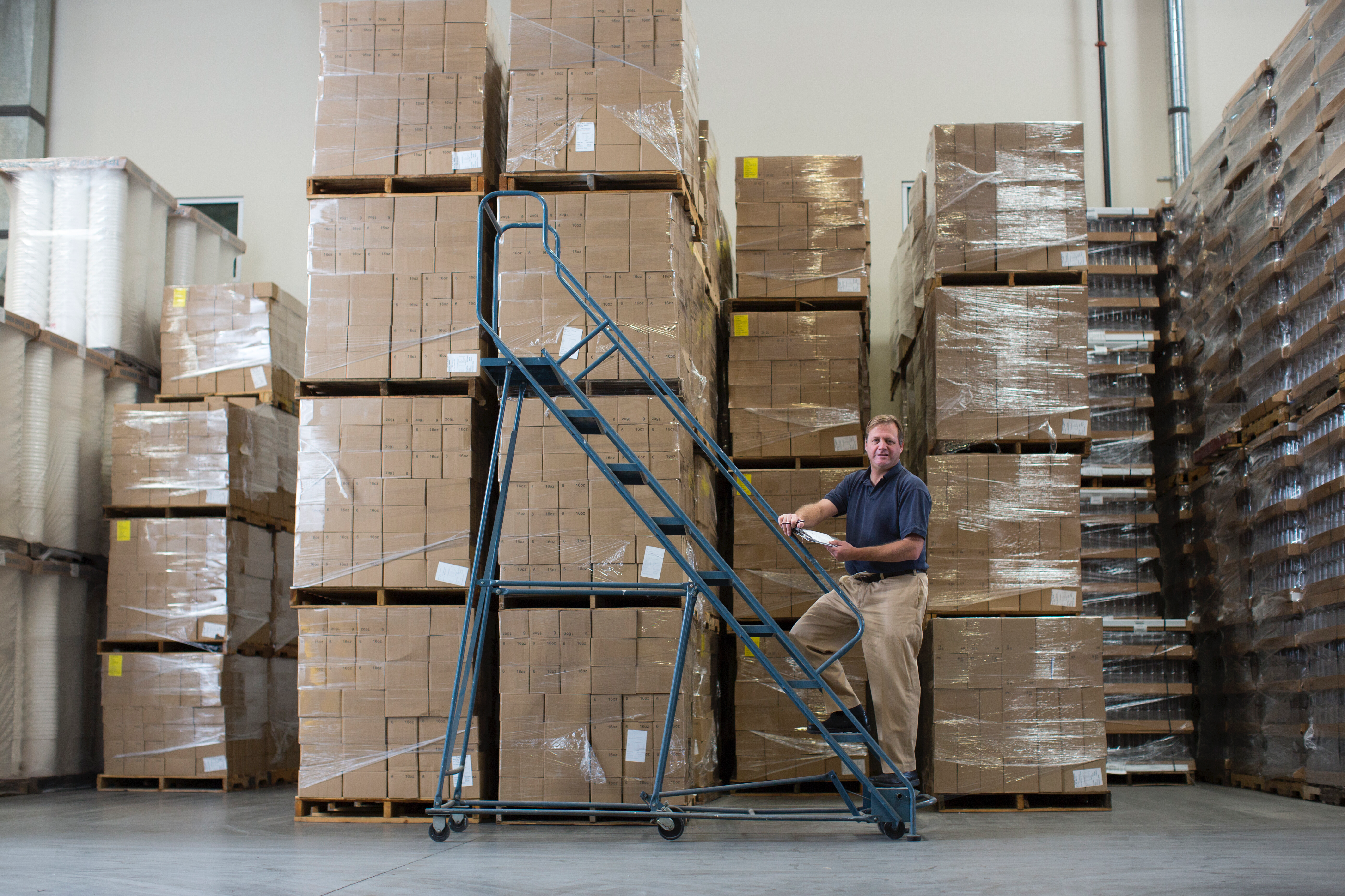 Warehouse manager inspecting palletized goods stored on high shelves in a logistics facility.