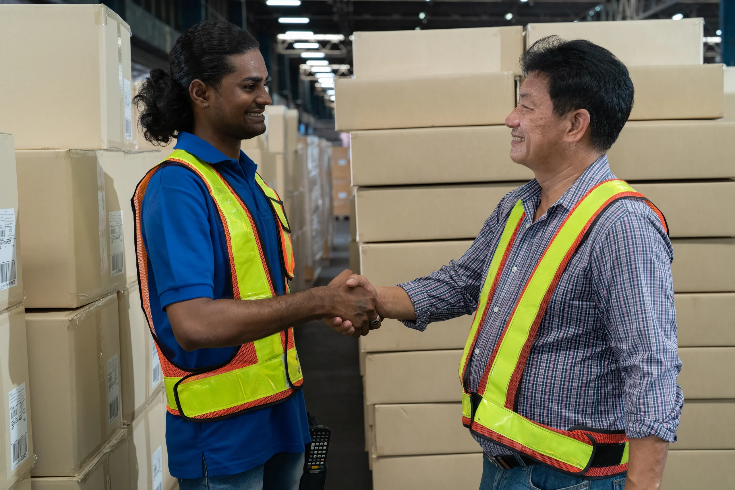 Warehouse manager and logistics staff shaking hands after completing a successful supply chain review.