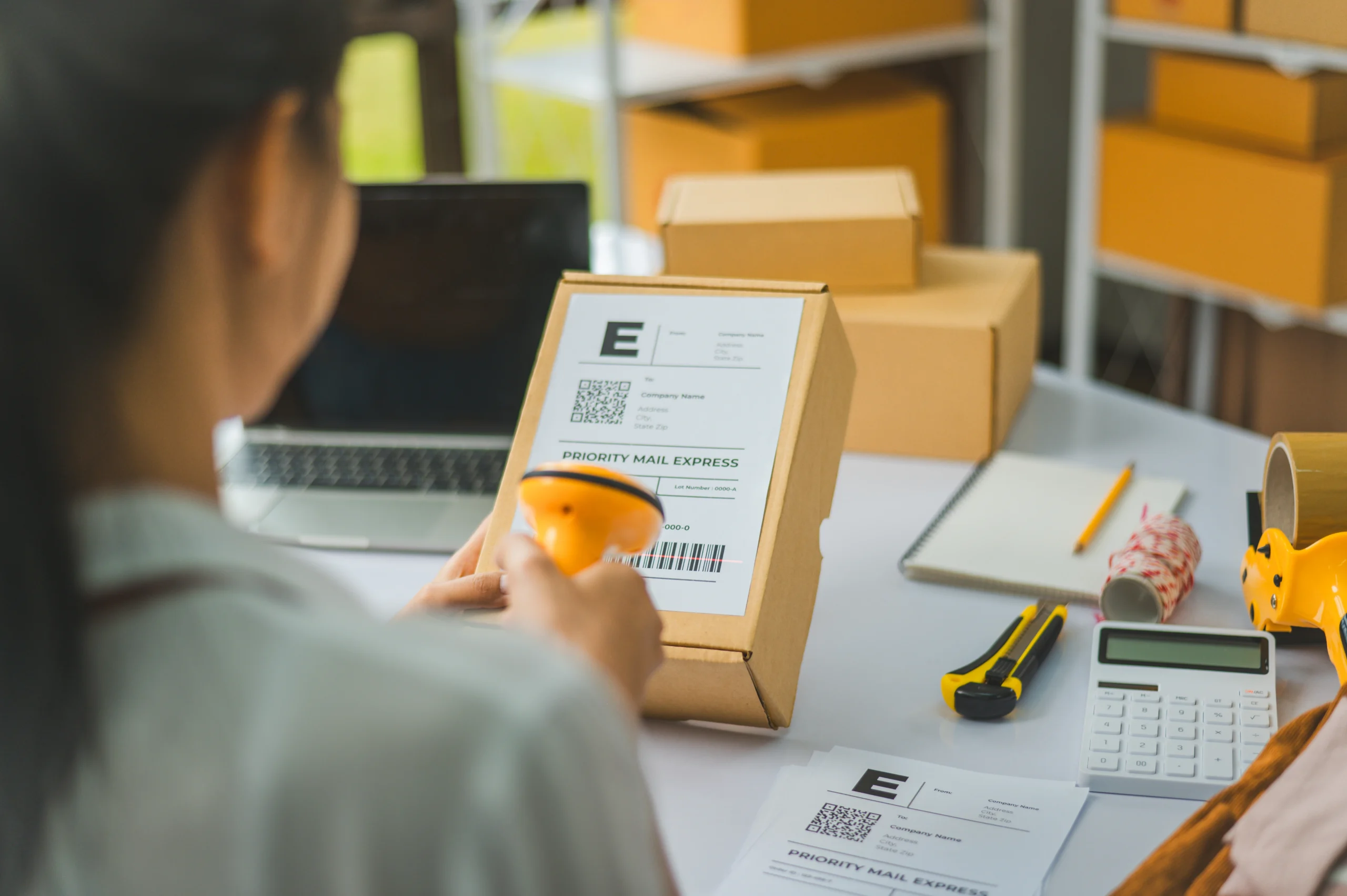 Small business owner scanning a shipping box with a barcode label for tracking and logistics.