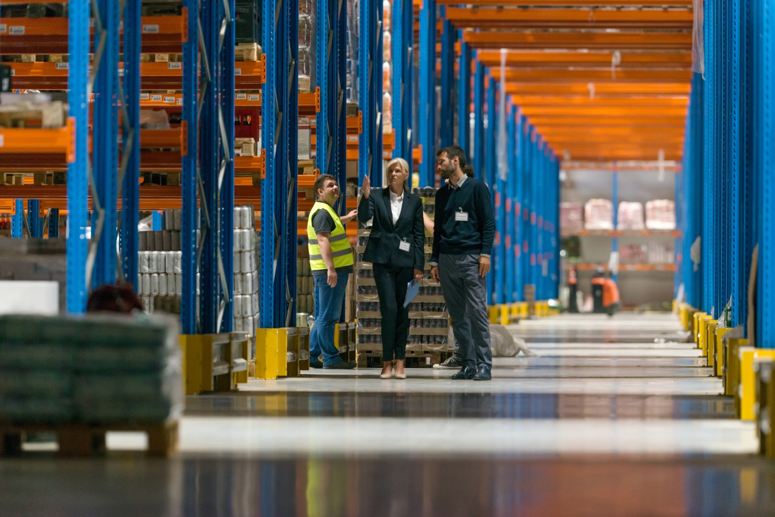 Logistics professionals discussing warehouse operations in a dedicated warehousing facility.