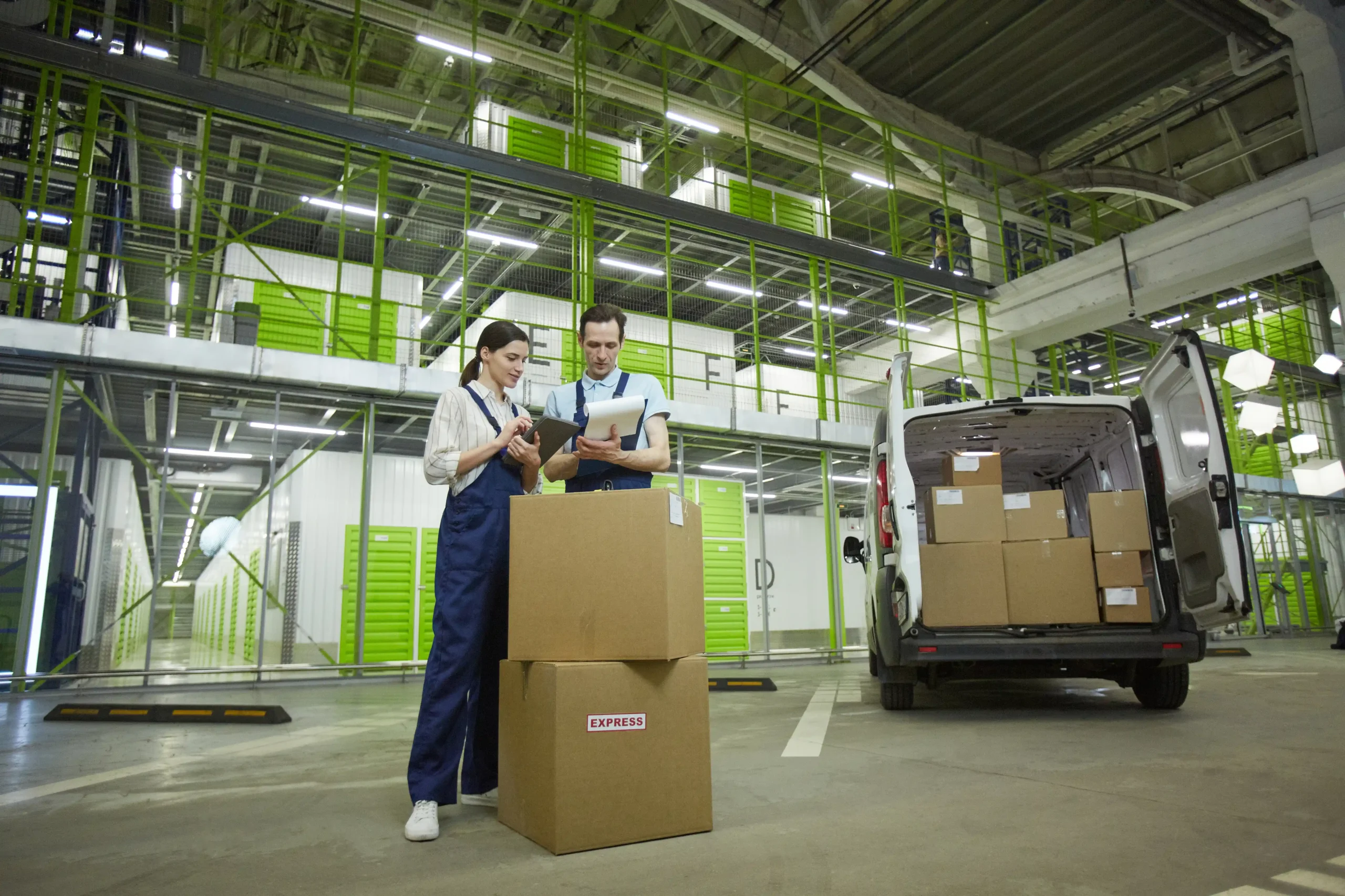 Warehouse employees discussing delivery schedules in a modern facility with organized storage units and van loading.