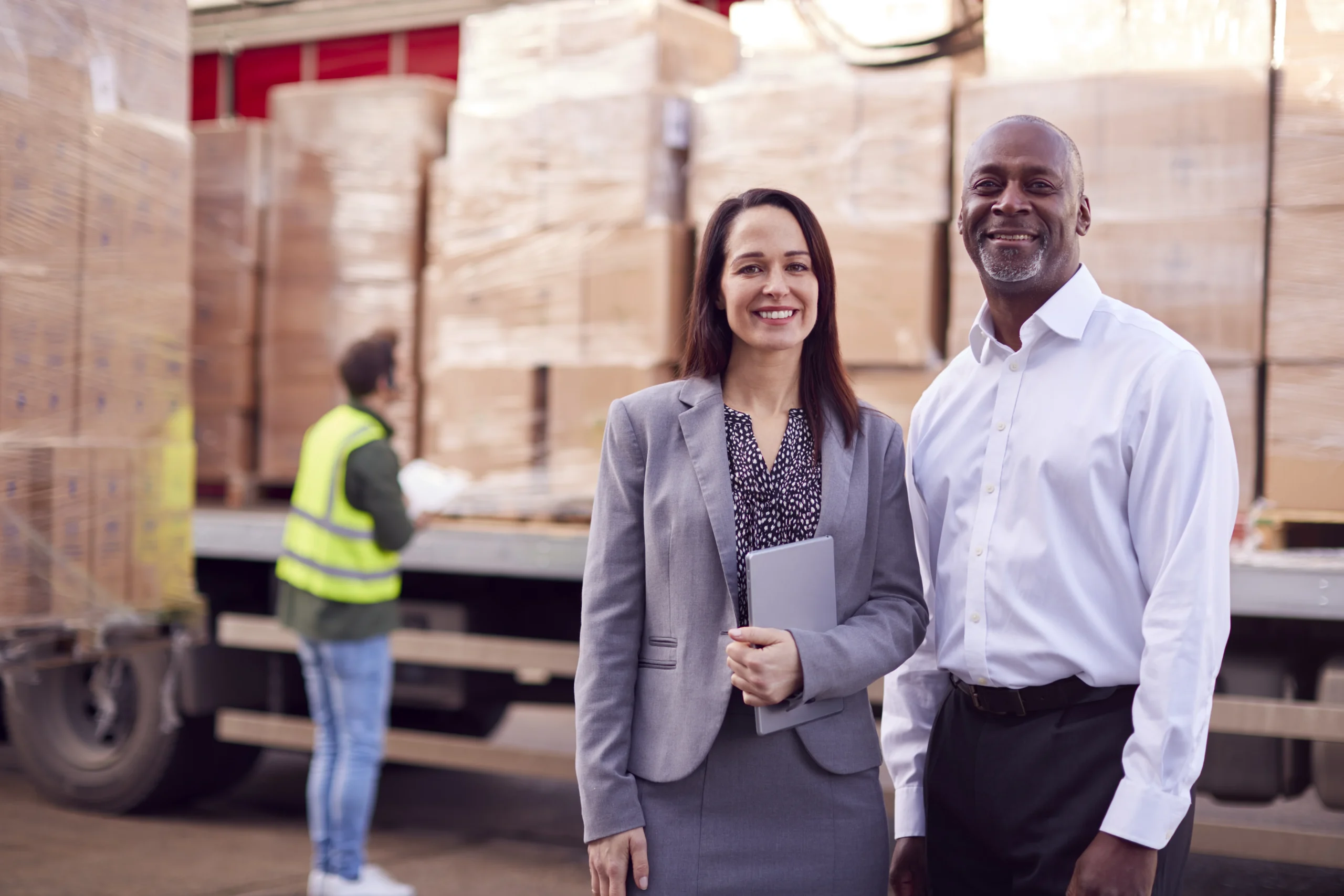 Multicultural freight logistics team standing in front of a shipment truck, representing diversity in regulated industries logistics.