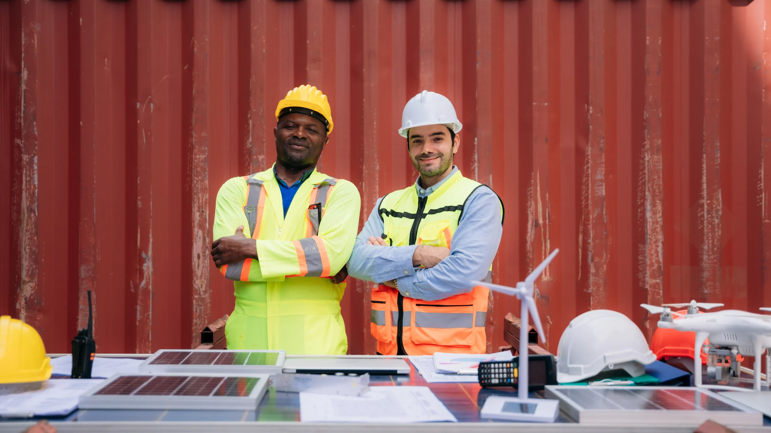 Team of renewable energy logistics workers meeting to discuss solar and wind energy projects.