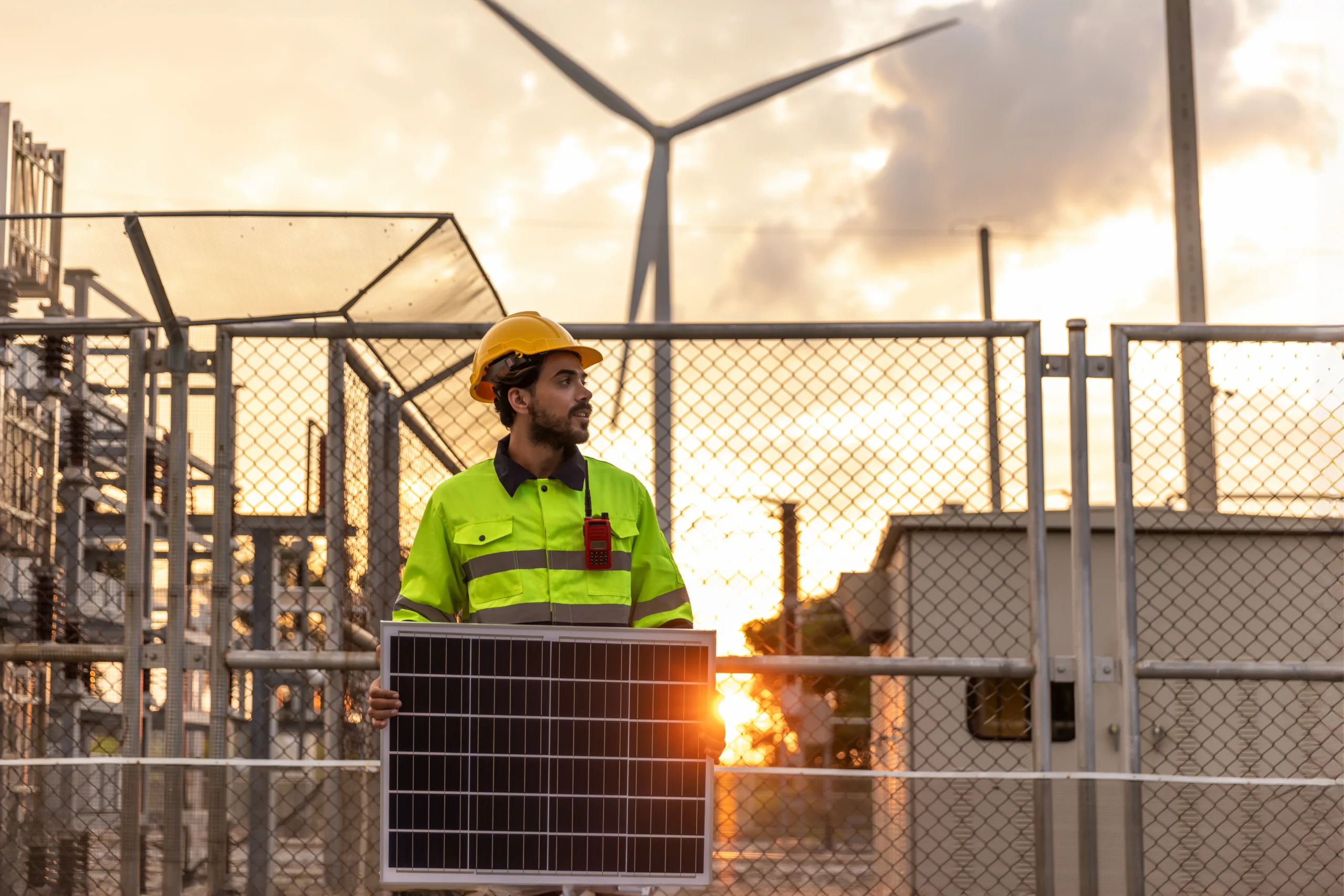 Professional energy engineer holding a solar panel at a wind farm during sunset.