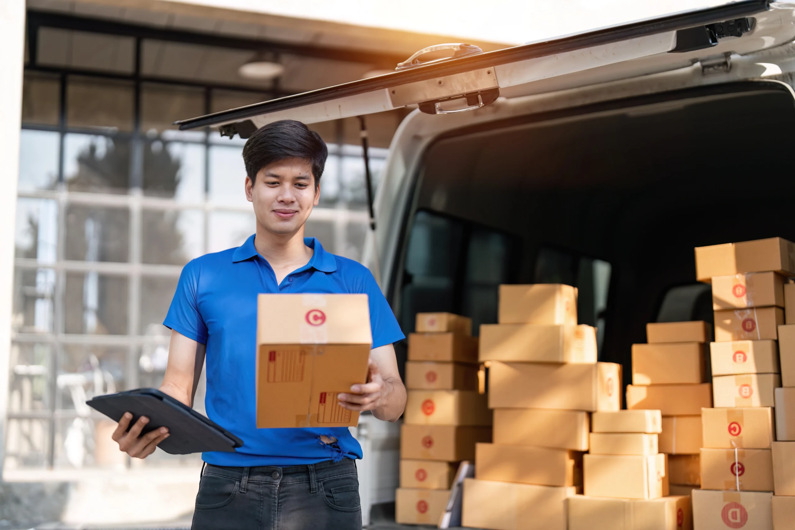 Delivery driver checking shipment details while loading boxes into a vehicle.