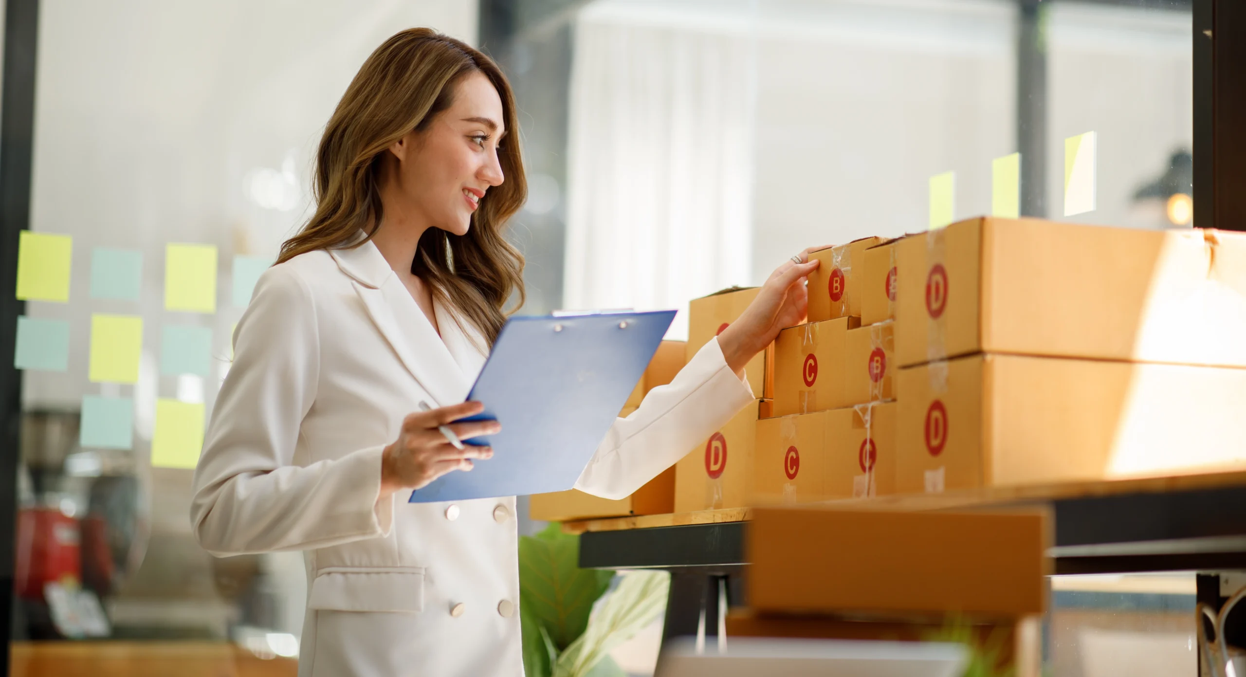 Businesswoman inspecting inventory boxes with a clipboard in a warehouse setting.