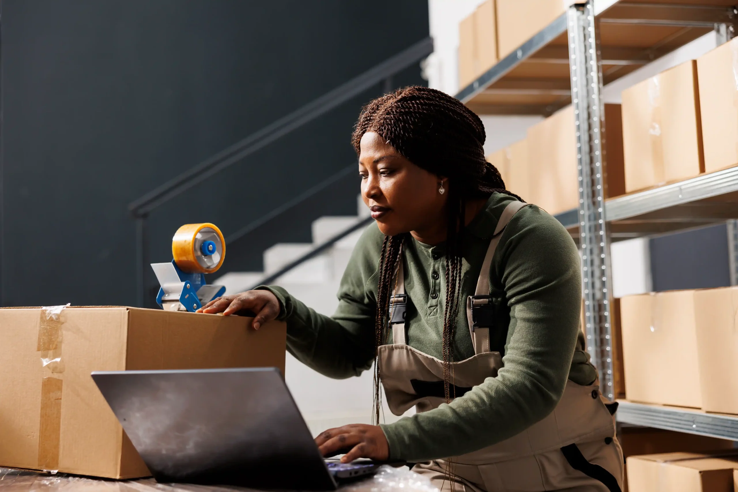 Warehouse worker using a laptop and packing orders with tape in a fulfillment center.