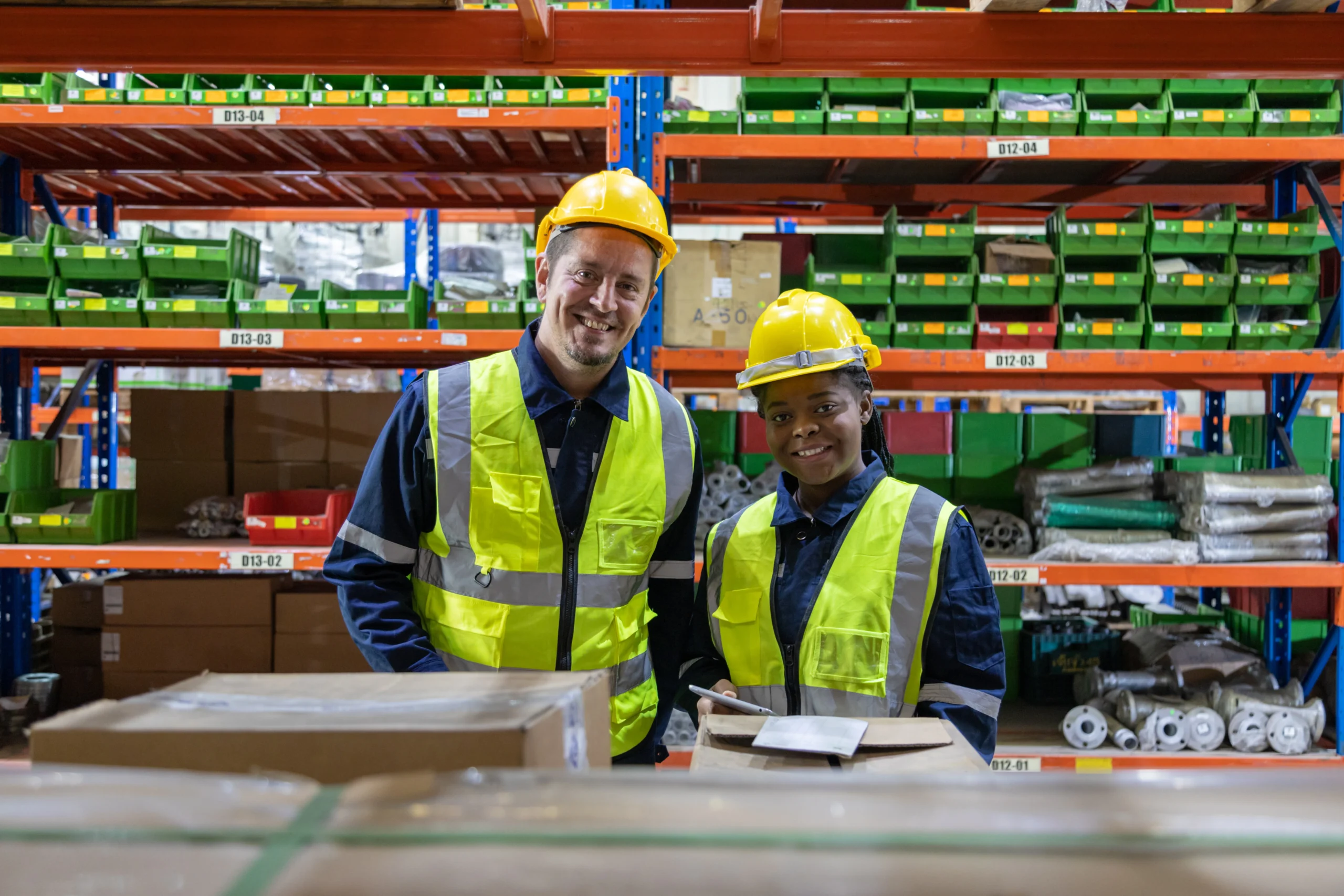 Warehouse clerks inspecting products on shelves in a streamlined dedicated warehousing operation.