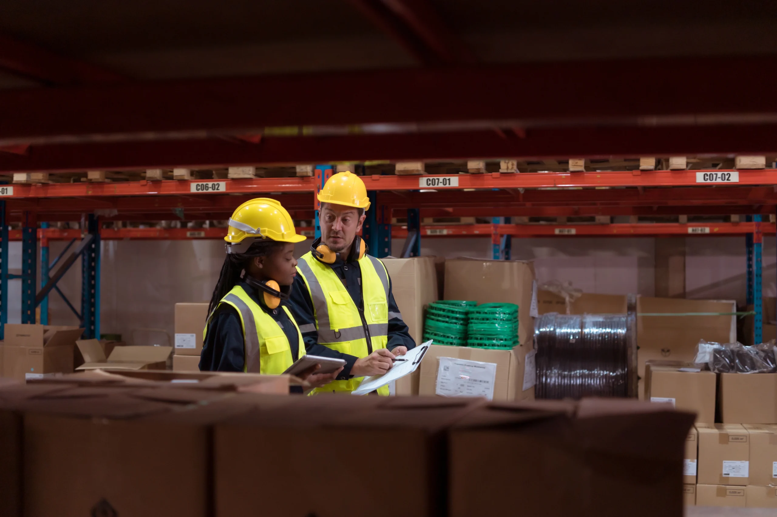 Warehouse foreman and employees reviewing shipment processes in a dedicated logistics center.