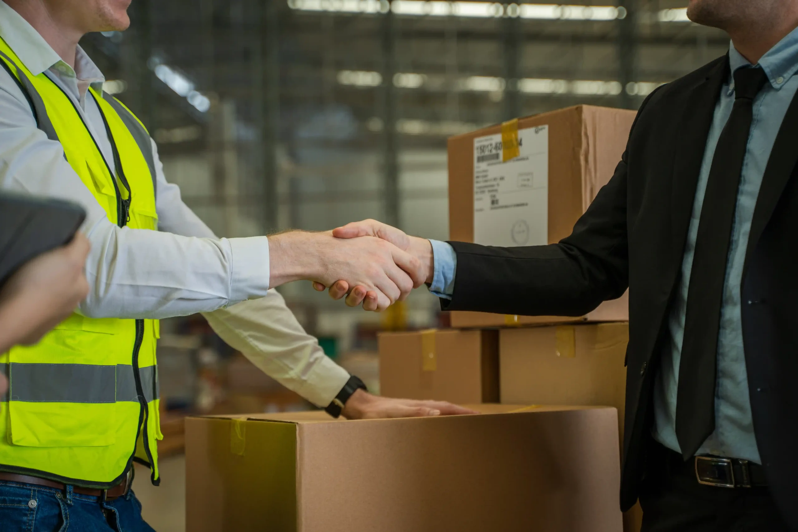 Warehouse manager shaking hands with a colleague in a large distribution center surrounded by boxes.