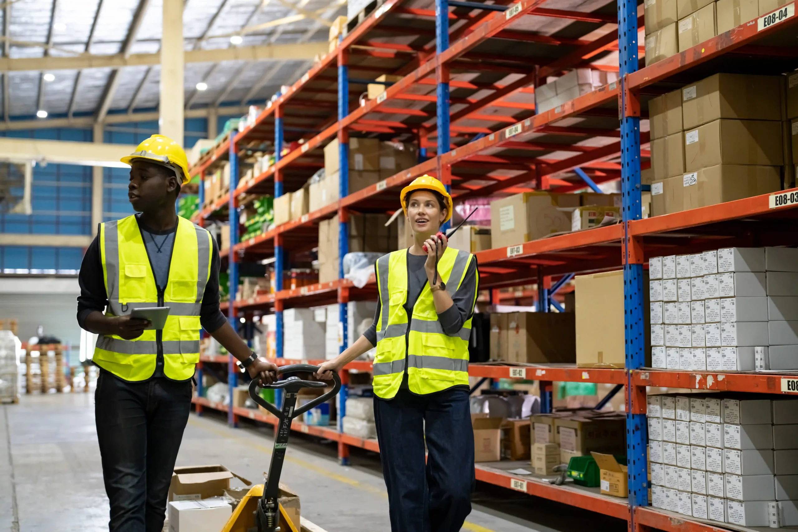 Two warehouse workers checking inventory and discussing storage layout in front of pallet racks, showcasing modern warehouse storage solutions.