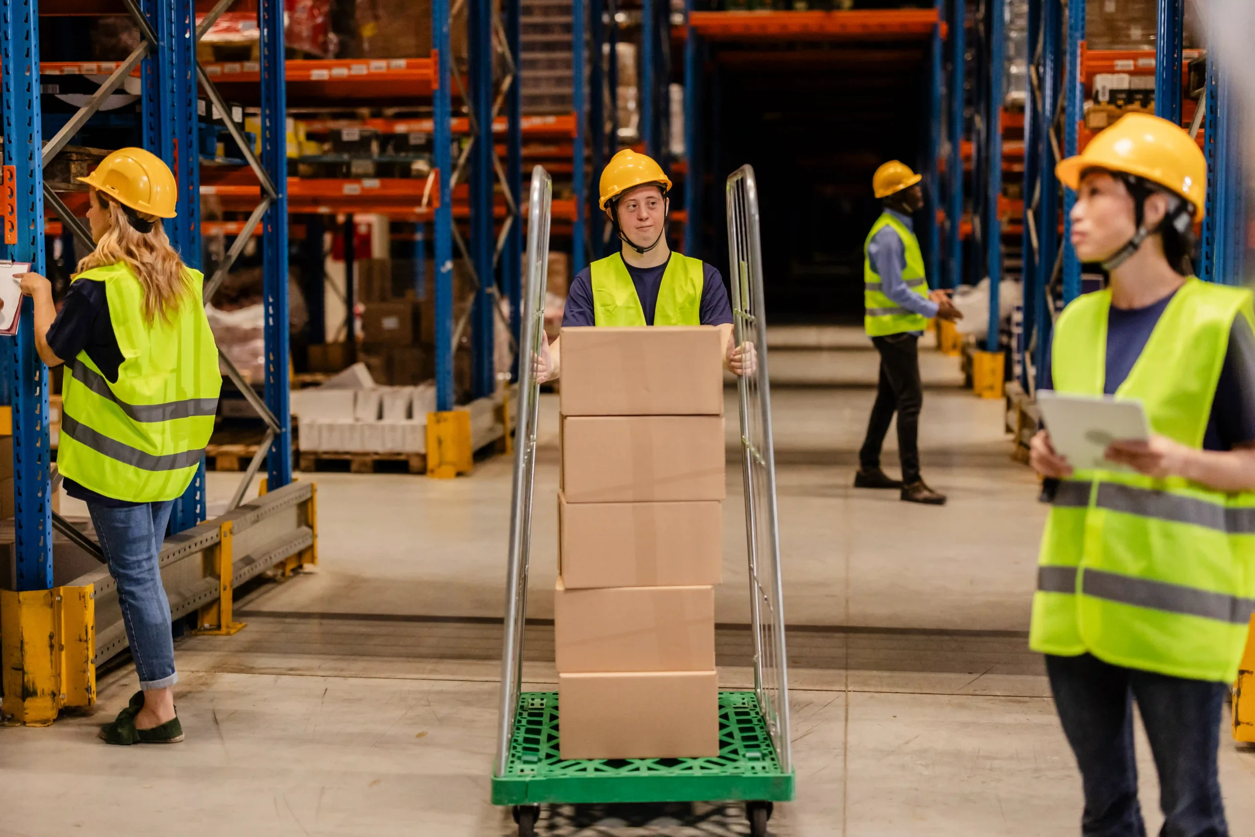 Workers in a warehouse managing inventory and organizing boxes on industrial shelving, illustrating efficient warehouse storage solutions.