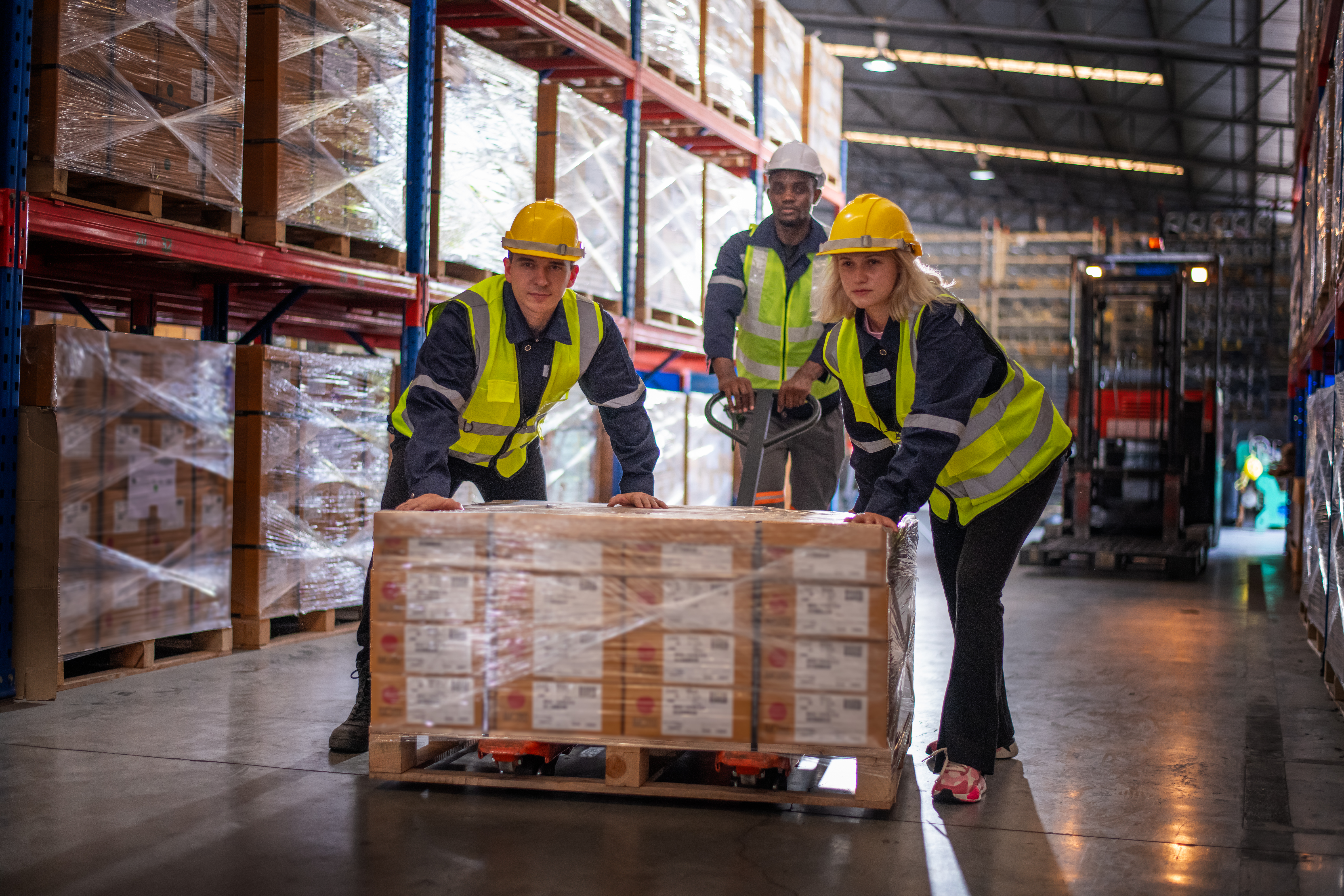 Team of warehouse workers transporting palletized goods using a manual pallet jack.