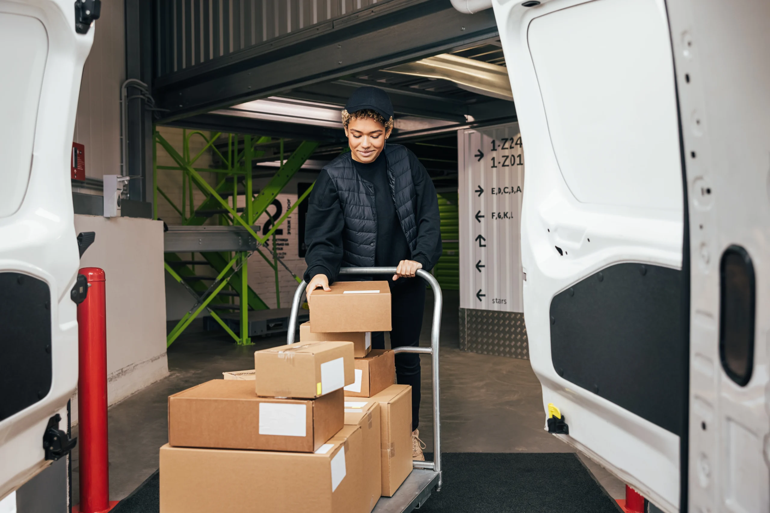 Female worker in uniform managing deliveries and loading cardboard boxes onto a van.