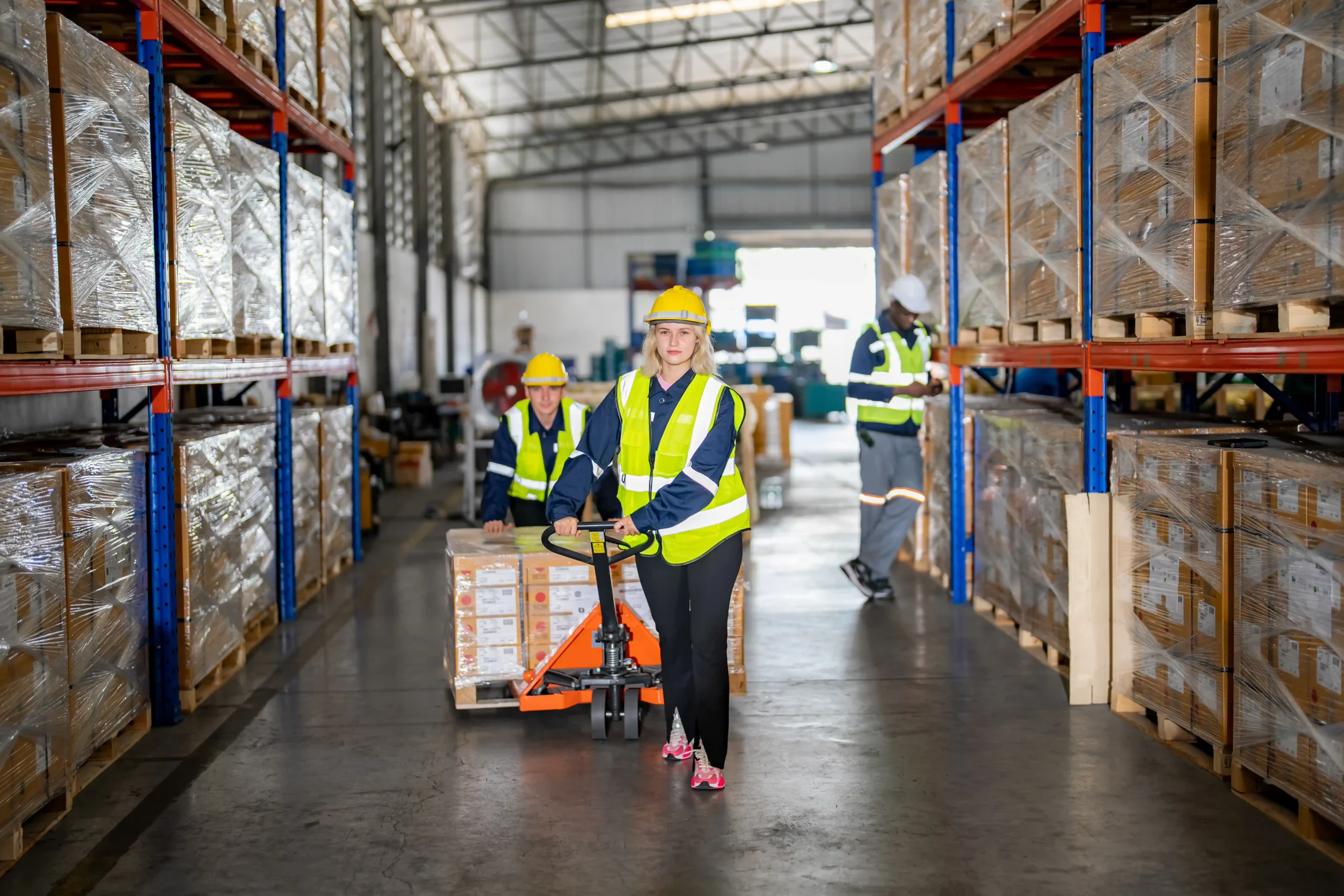 Worker pulling a pallet of cardboard boxes in a busy warehouse with neatly stacked inventory on shelves.