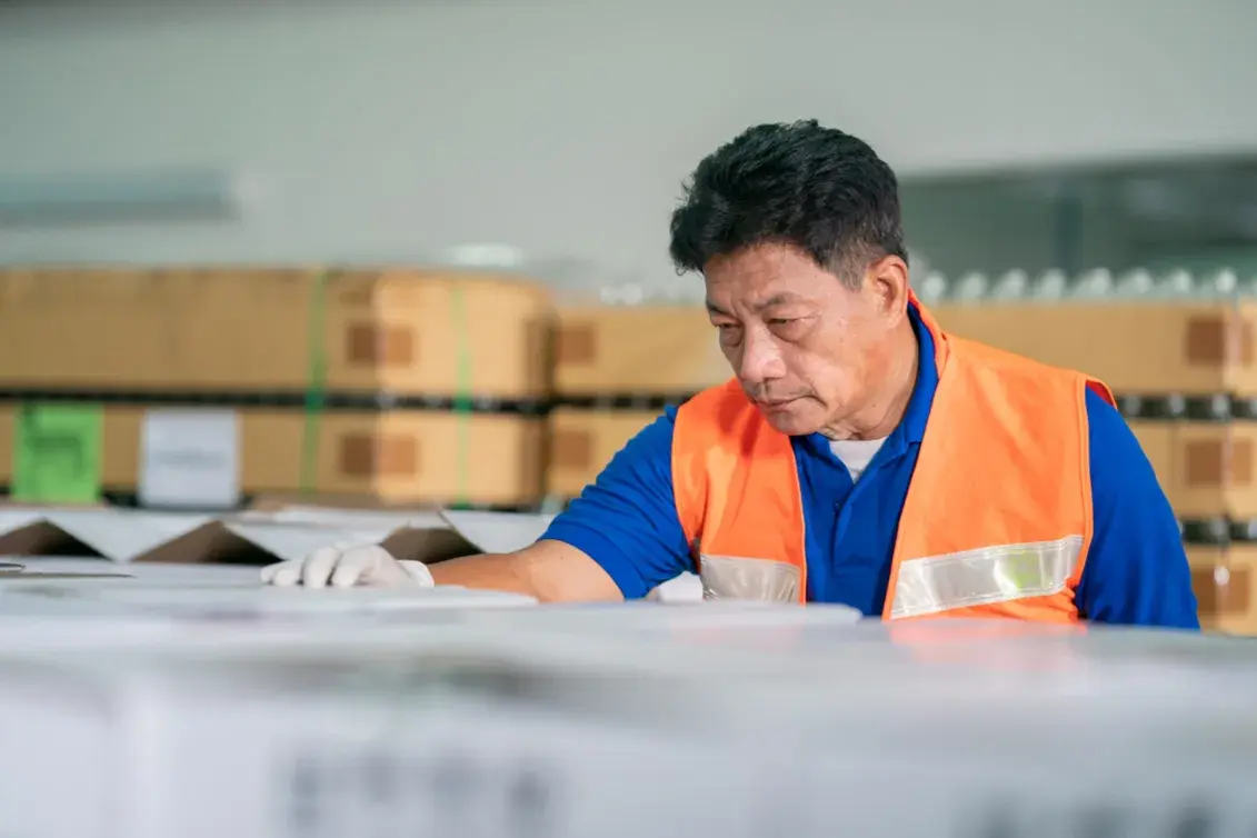 Warehouse worker inspecting inventory in a Foreign-Trade Zone facility.