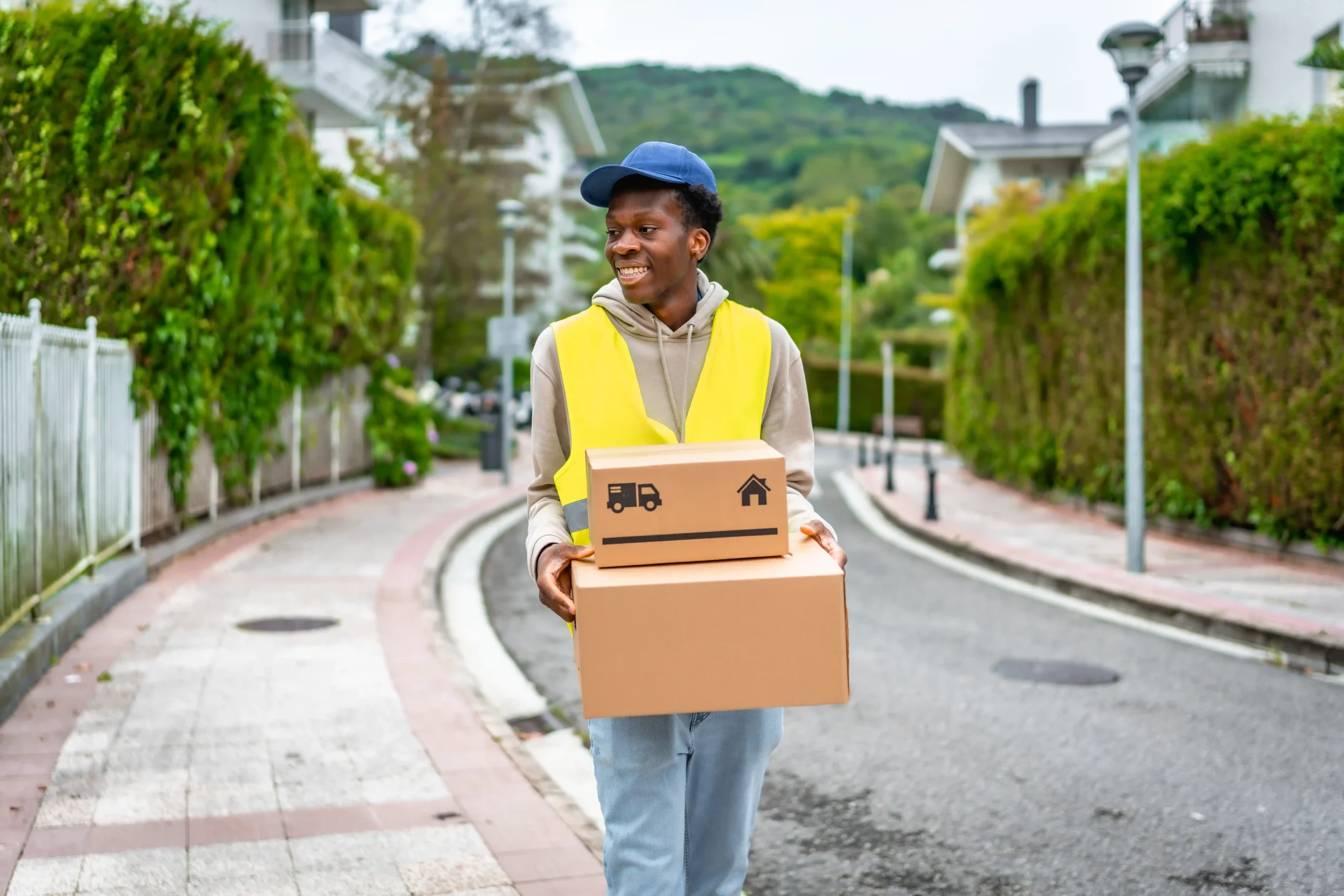 Delivery driver walking along a residential street carrying a box for doorstep delivery.