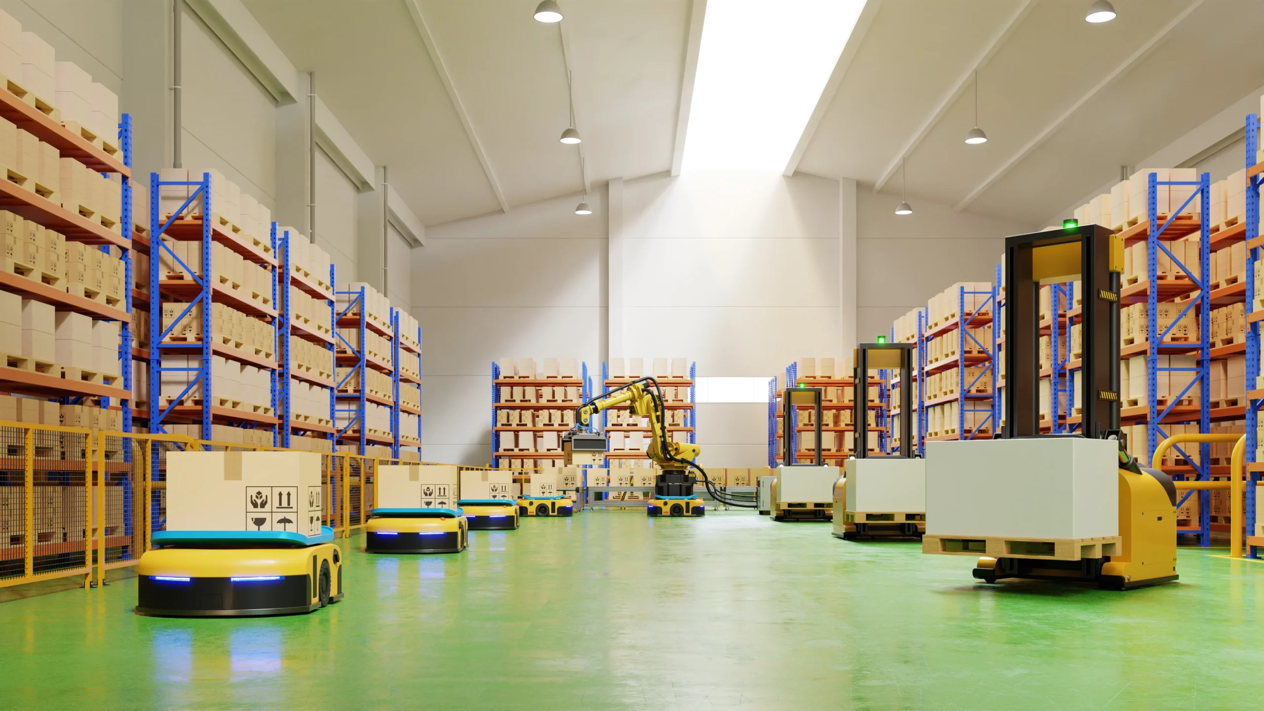 Automated guided vehicles (AGVs) transporting goods in a modern cross-docking warehouse with high shelves and sorting robots.