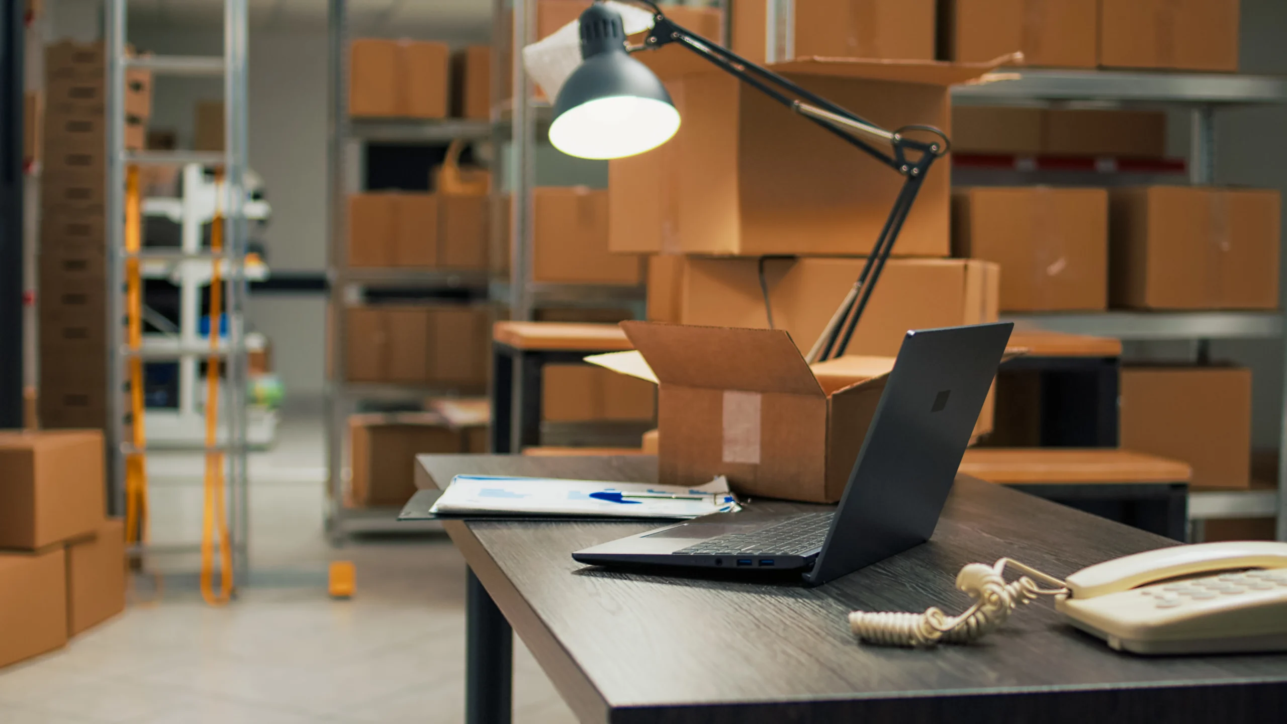 Warehouse office space with laptop and paperwork used for tracking inventory using an inventory management system in Google Sheets.