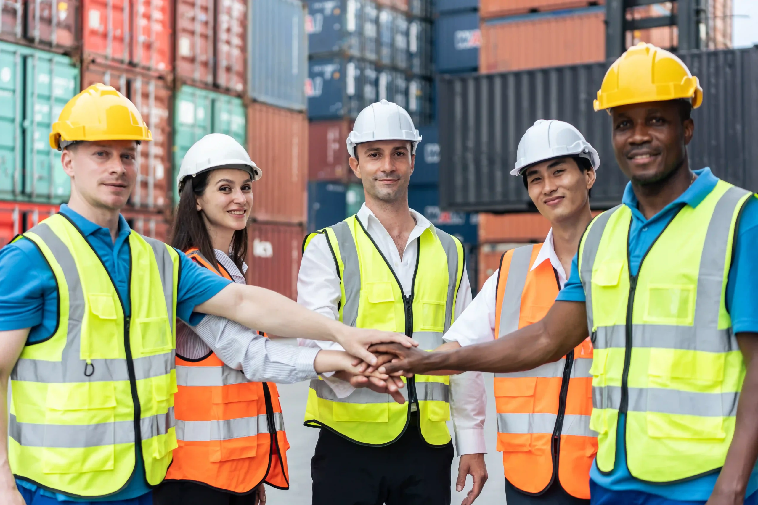 A diverse team of warehouse workers stacking hands together, showcasing teamwork and collaboration in contract logistics providers.