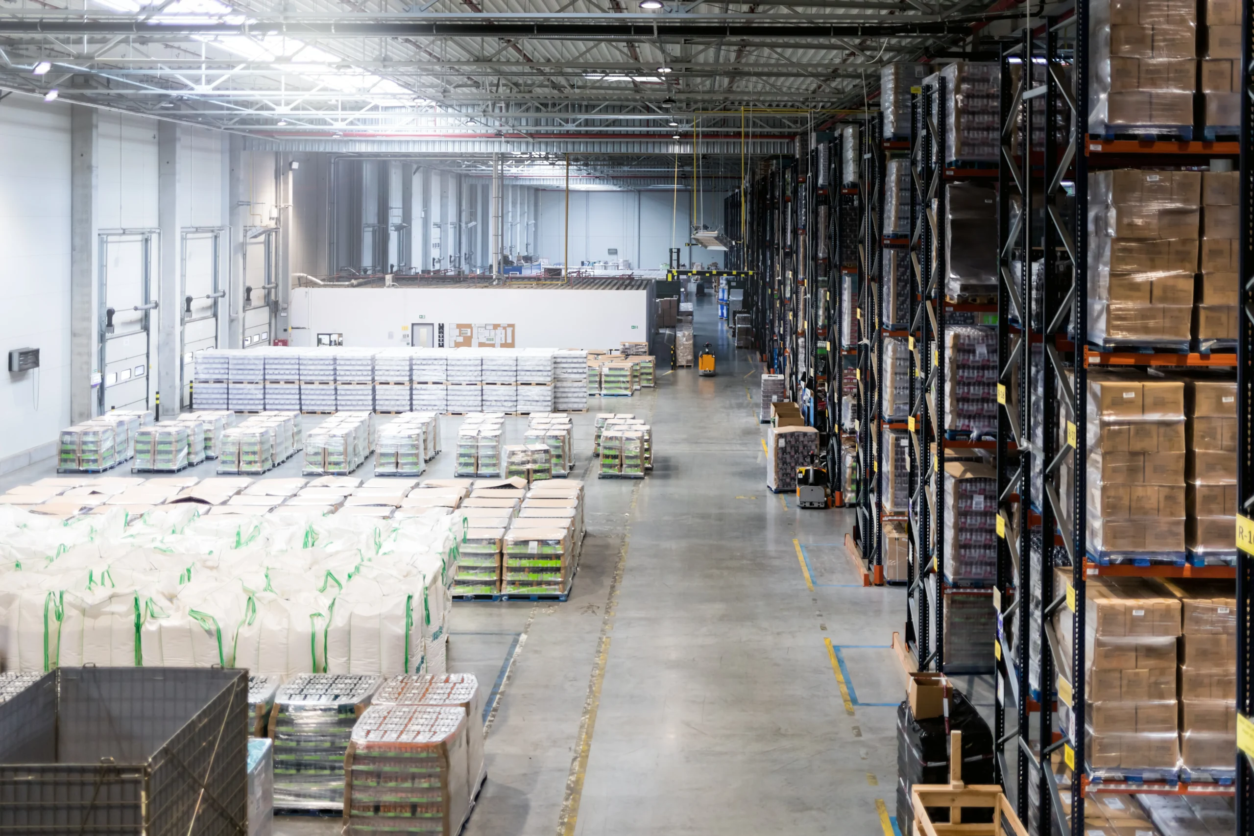 Large distribution warehouse showcasing high shelves, palletized goods, and wide aisles for cross-docking processes.