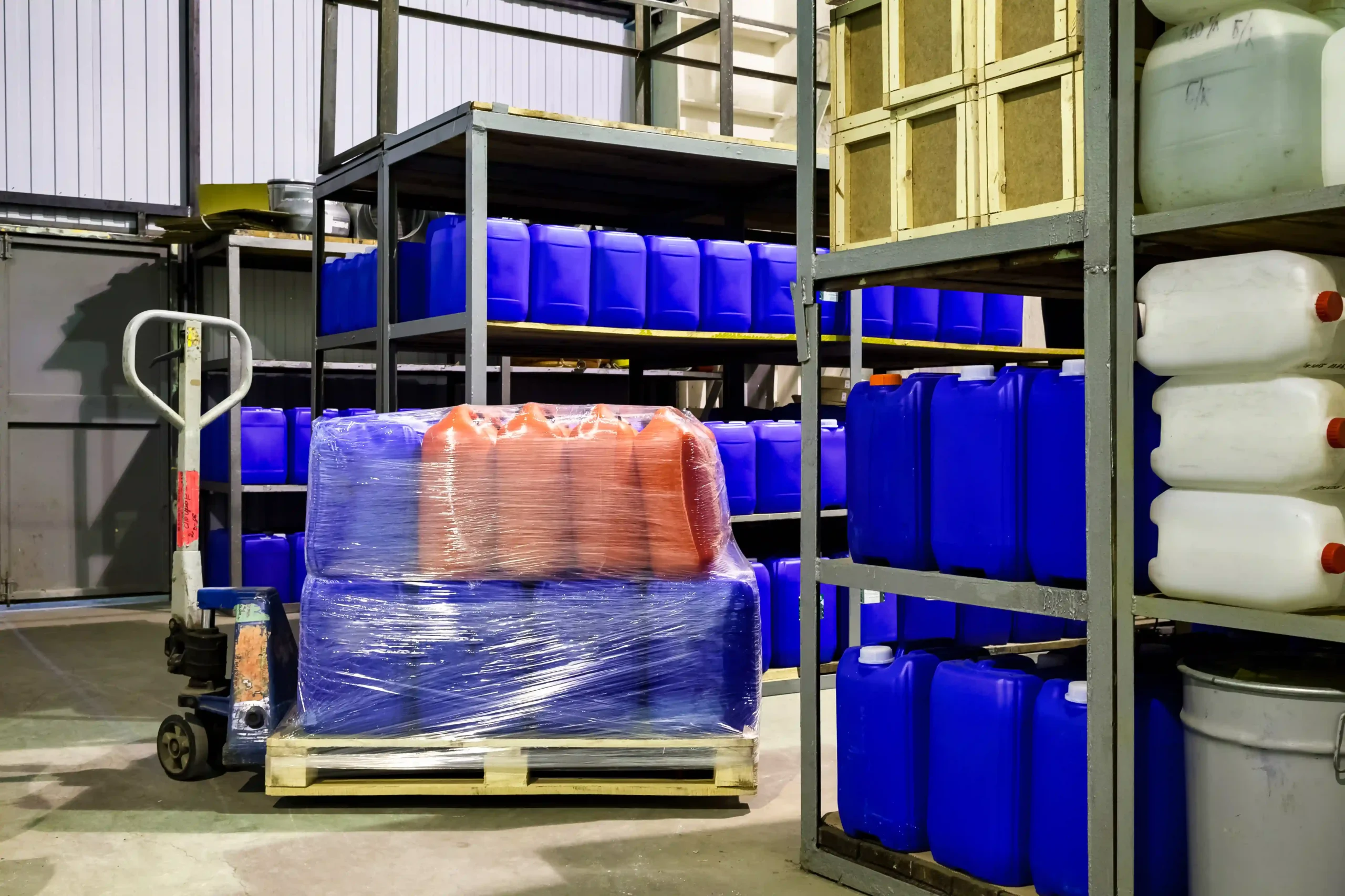 Industrial warehouse interior with organized chemical storage, highlighting dedicated saline storage solutions.