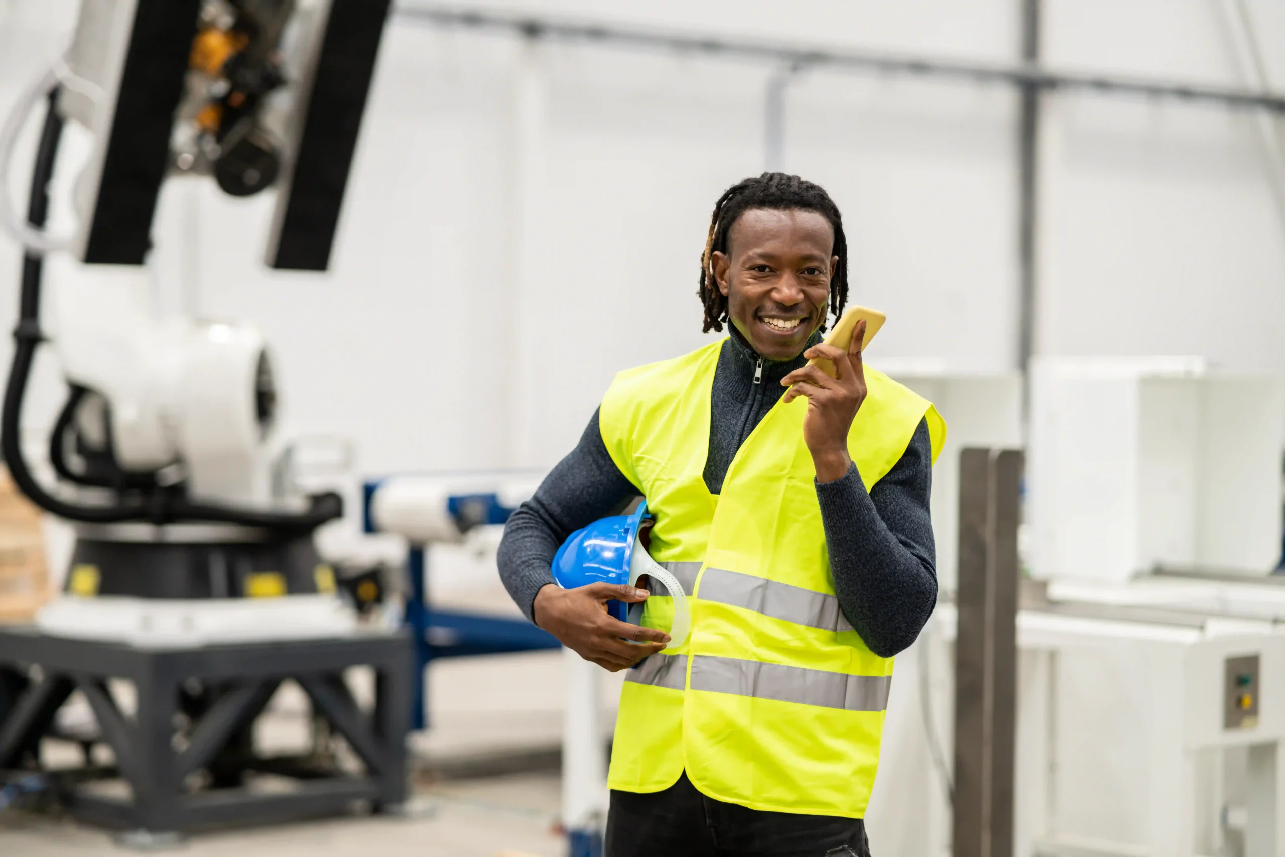 An FTZ Coordinator wearing a safety vest, using a phone to manage inventory operations inside a logistics warehouse, ensuring smooth FTZ compliance.