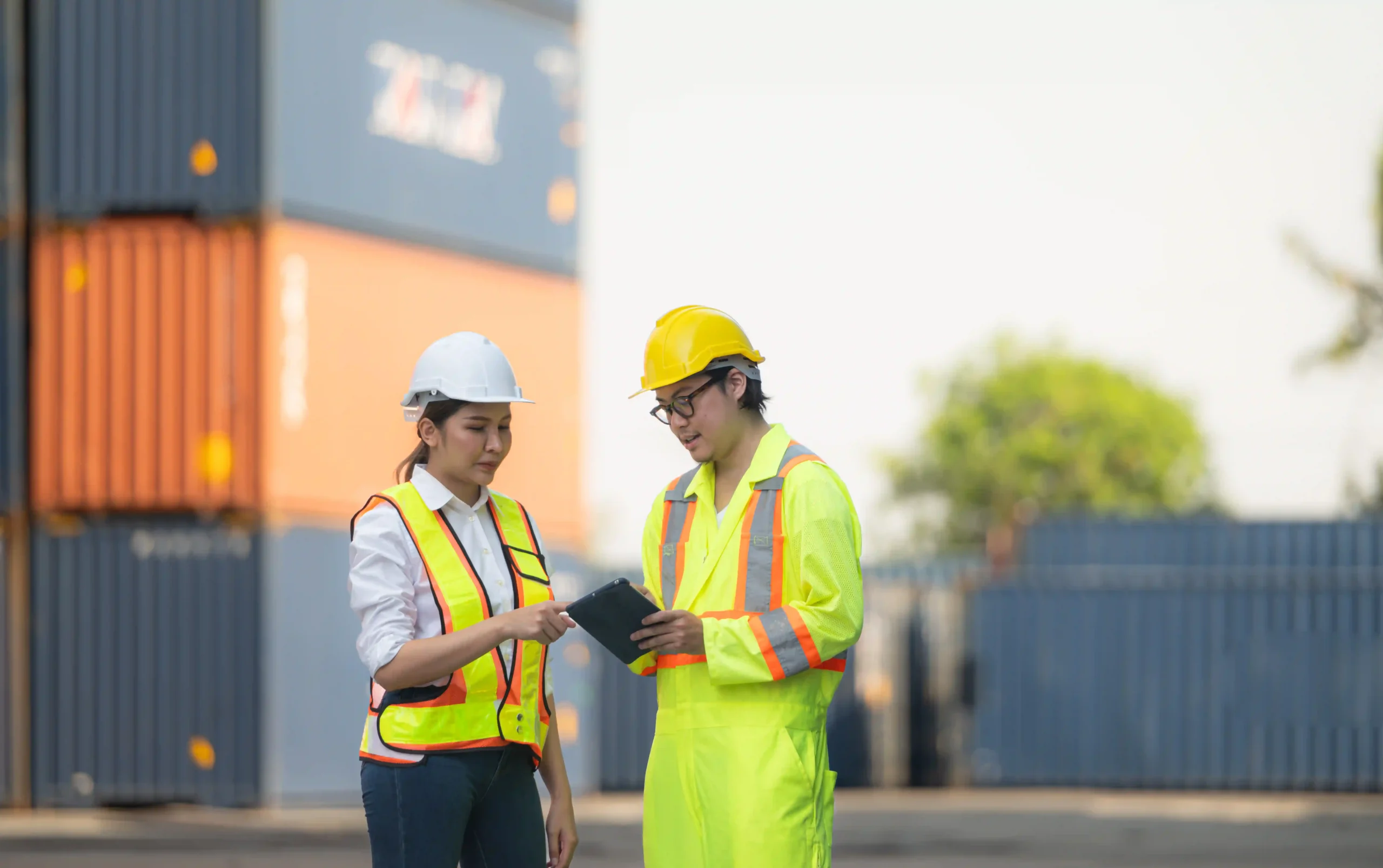 FTZ consulting experts discussing supply chain operations at a shipping yard with stacked cargo containers in the background.