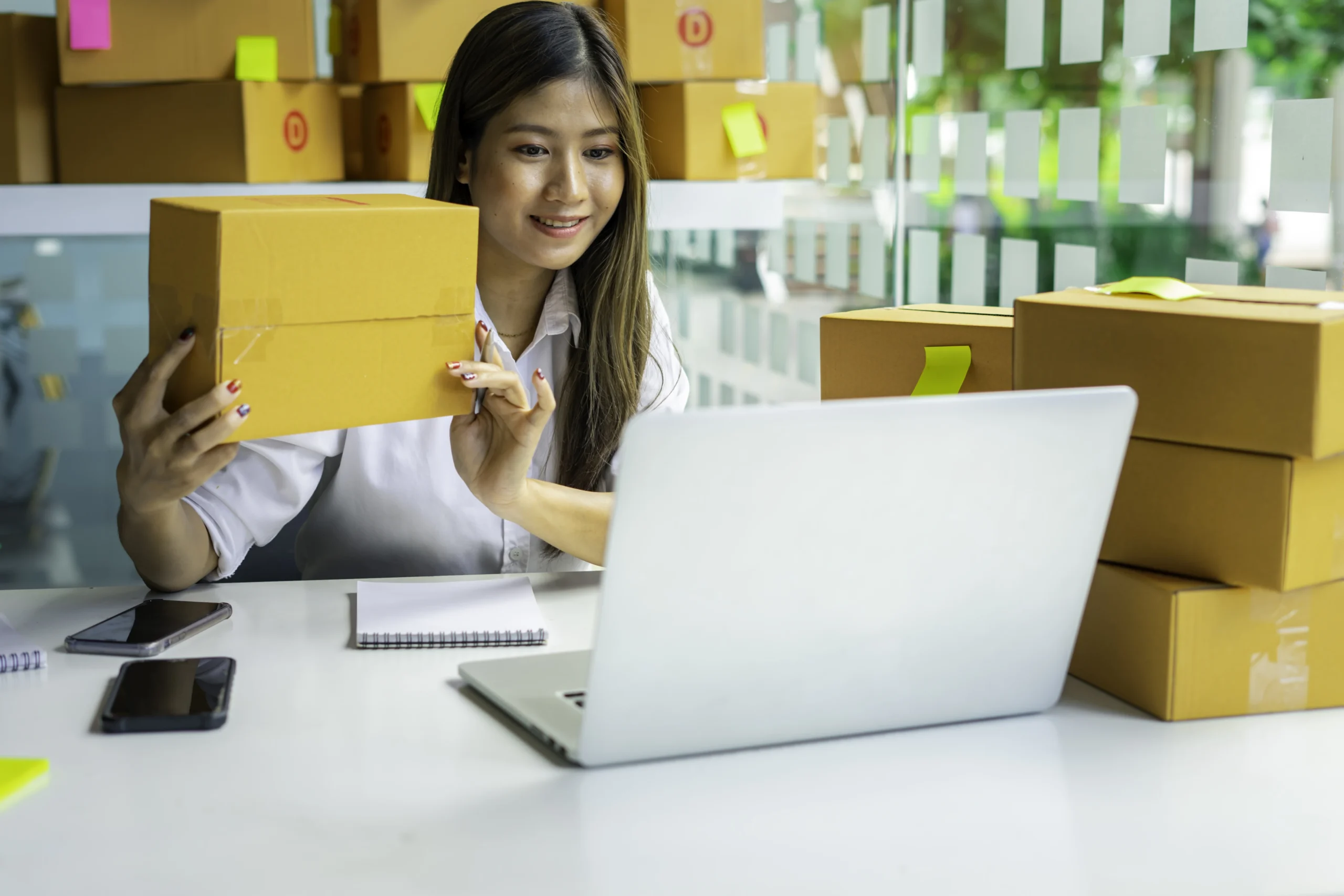 Entrepreneur showcasing a packed order ready for delivery, demonstrating e-commerce fulfillment steps.