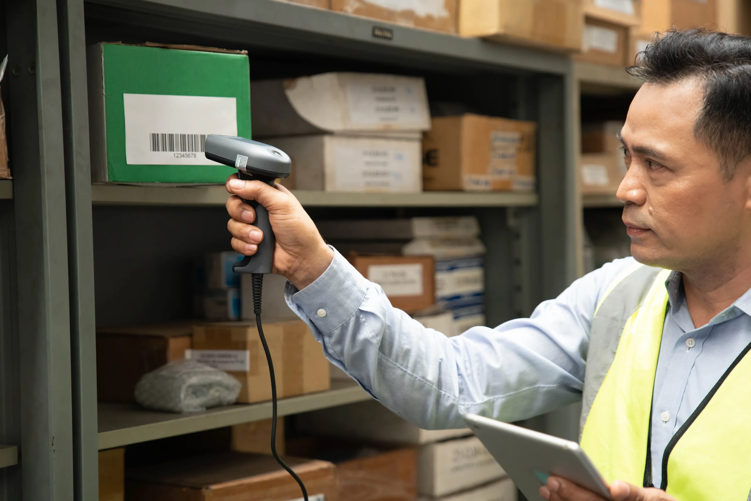 A warehouse manager and worker conducting an inventory check using barcode scanning technology, highlighting the role of linear barcode types in warehouse operations.