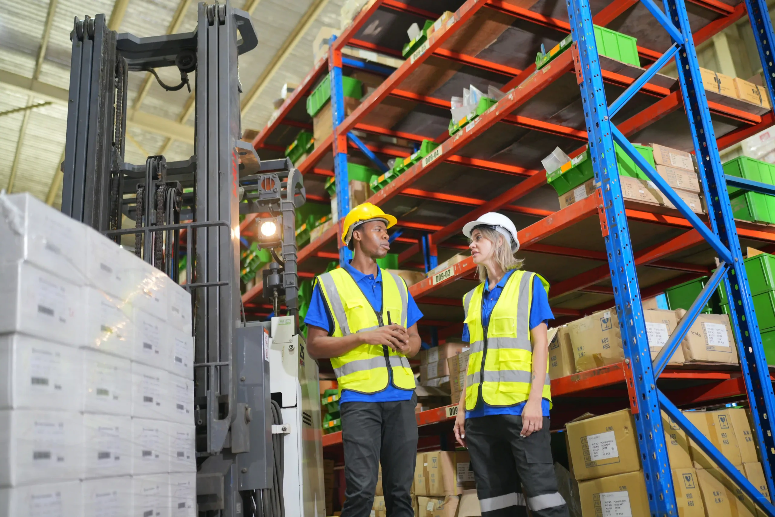 Two warehouse employees verifying inventory in a logistics center specializing in dedicated saline storage.