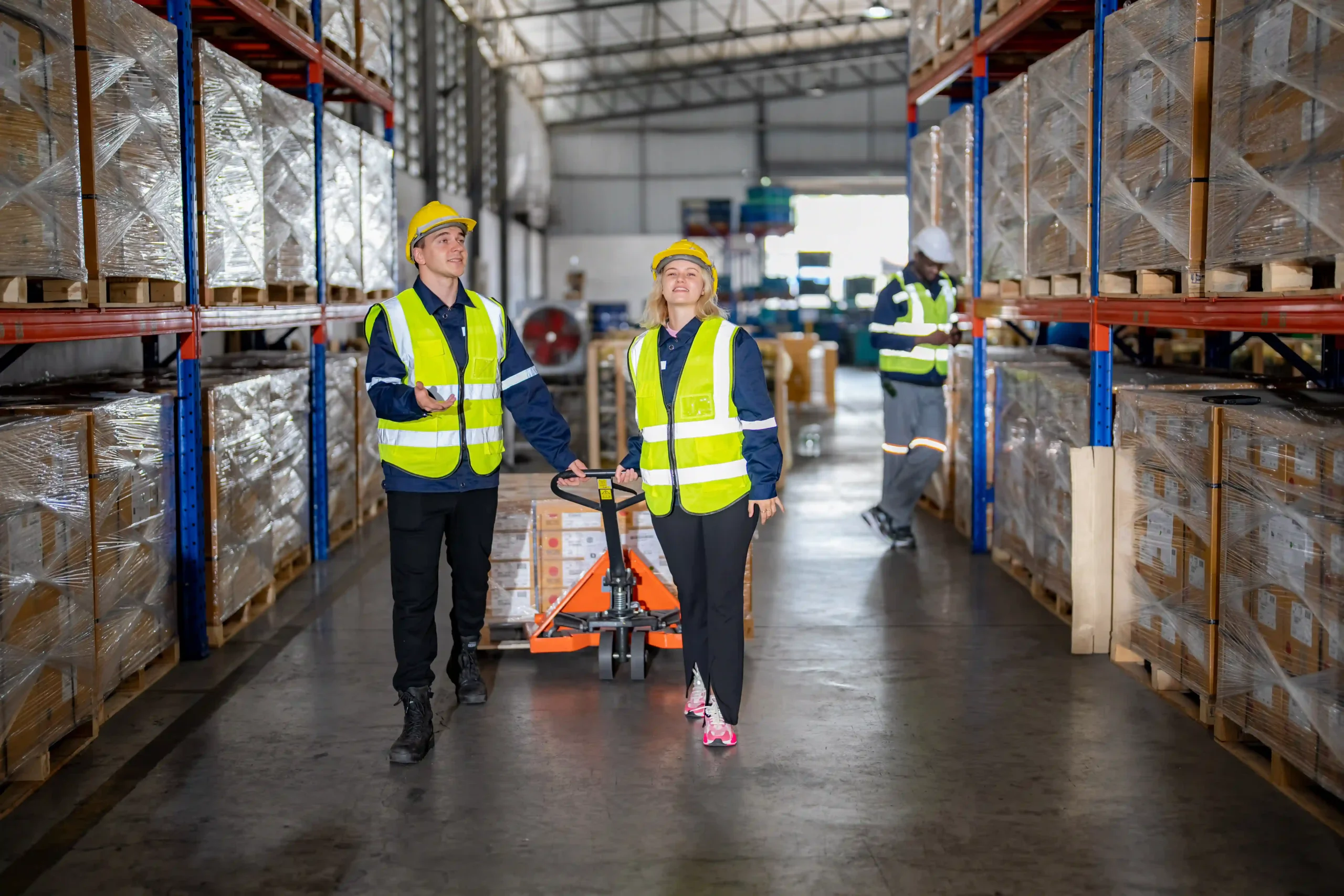 A warehouse worker moving inventory in a well-organized facility, showcasing the efficiency of dedicated logistics in supply chain management.