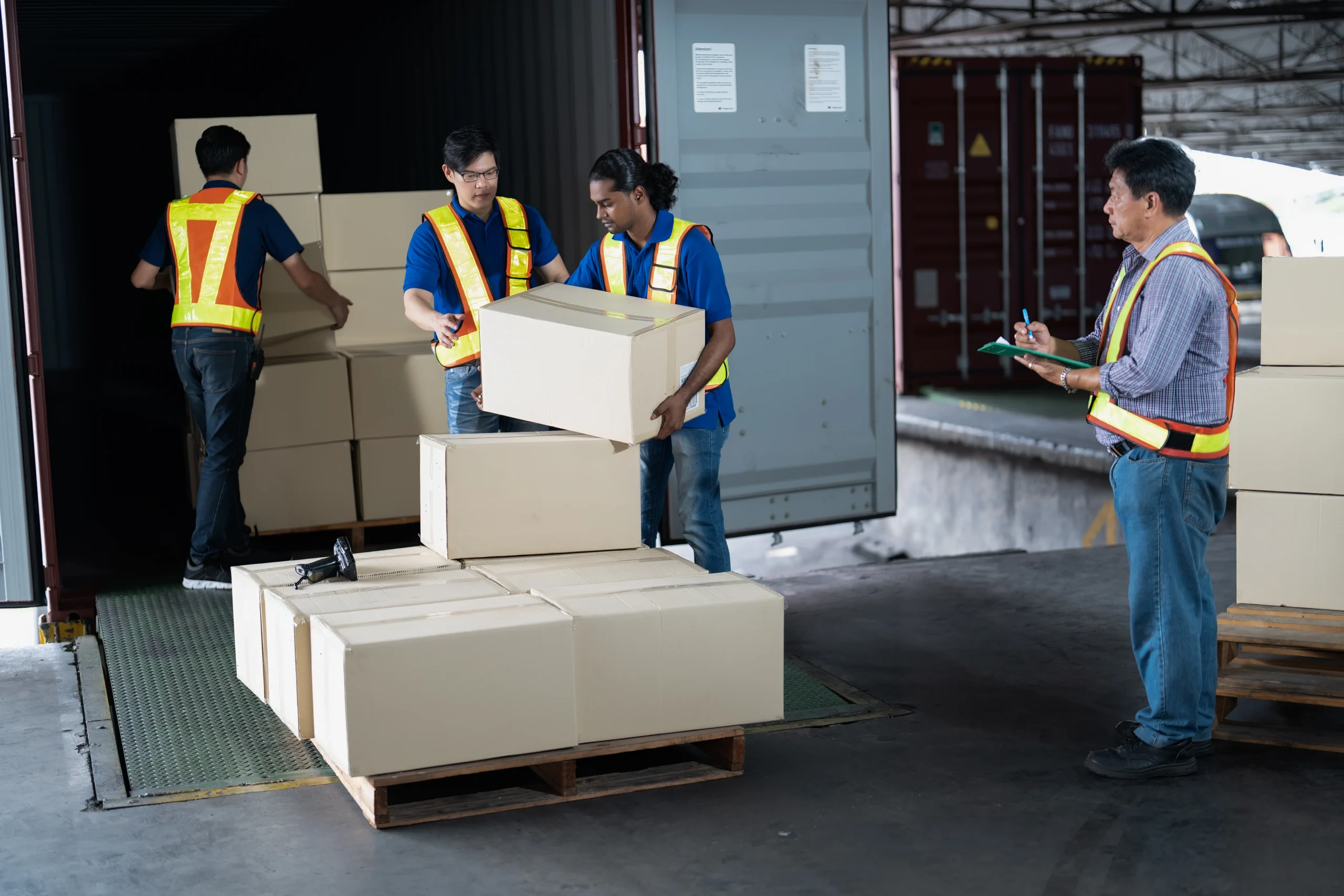 Workers unloading packages from a container as part of a cross docking and sorting operation in a logistics facility.