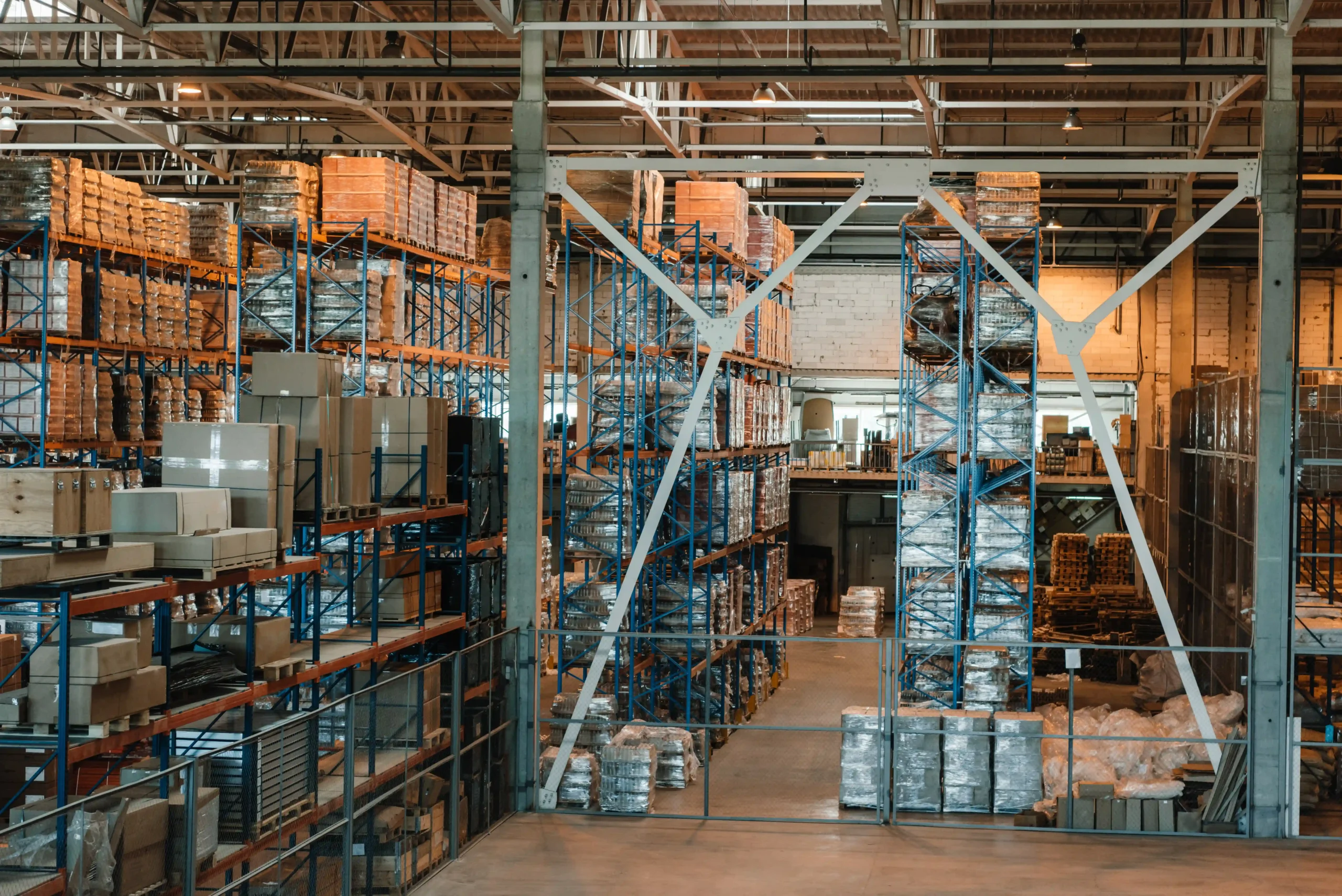 Interior view of a modern duty-free bonded warehouse with organized storage racks filled with goods, optimizing logistics for global trade.