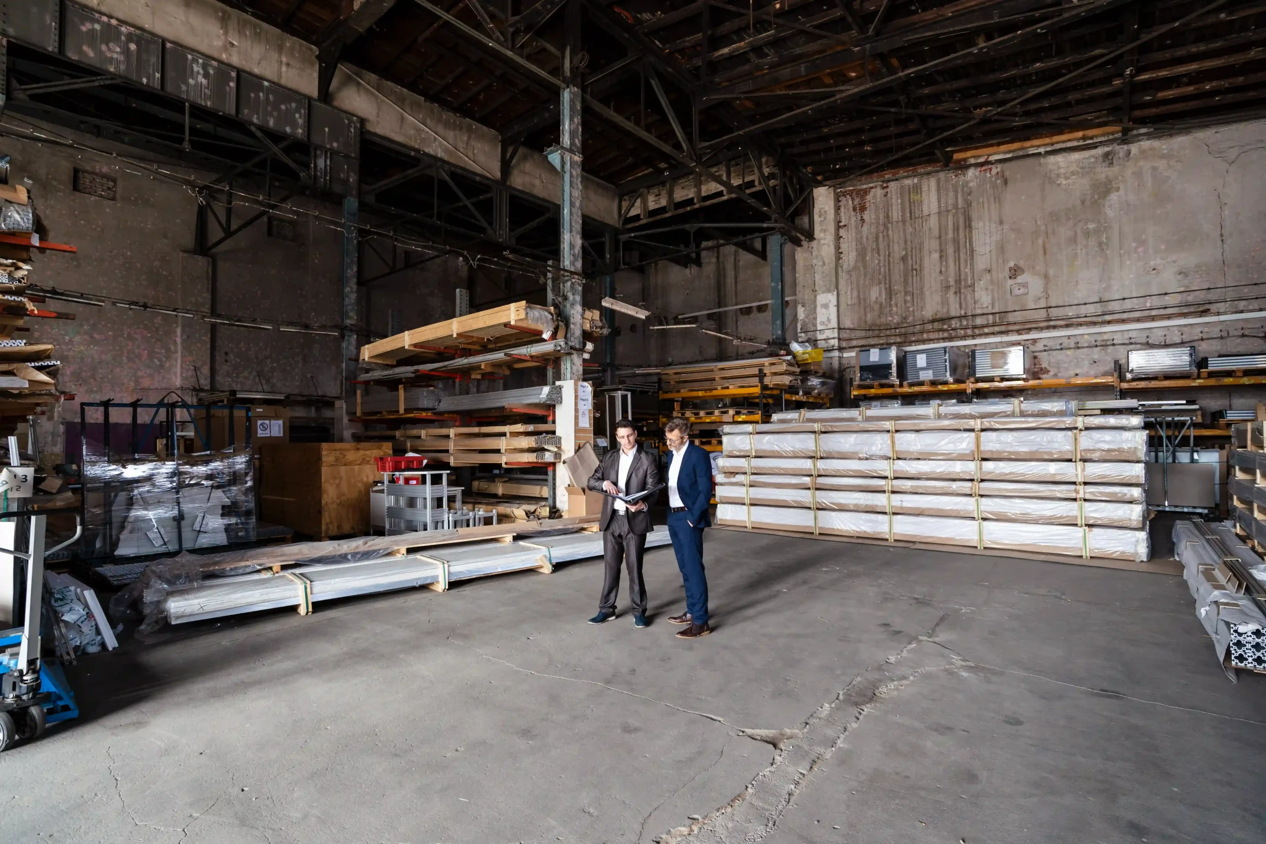 Two businessmen discussing storage optimization in a warehouse bay with industrial shelving and packaged materials.