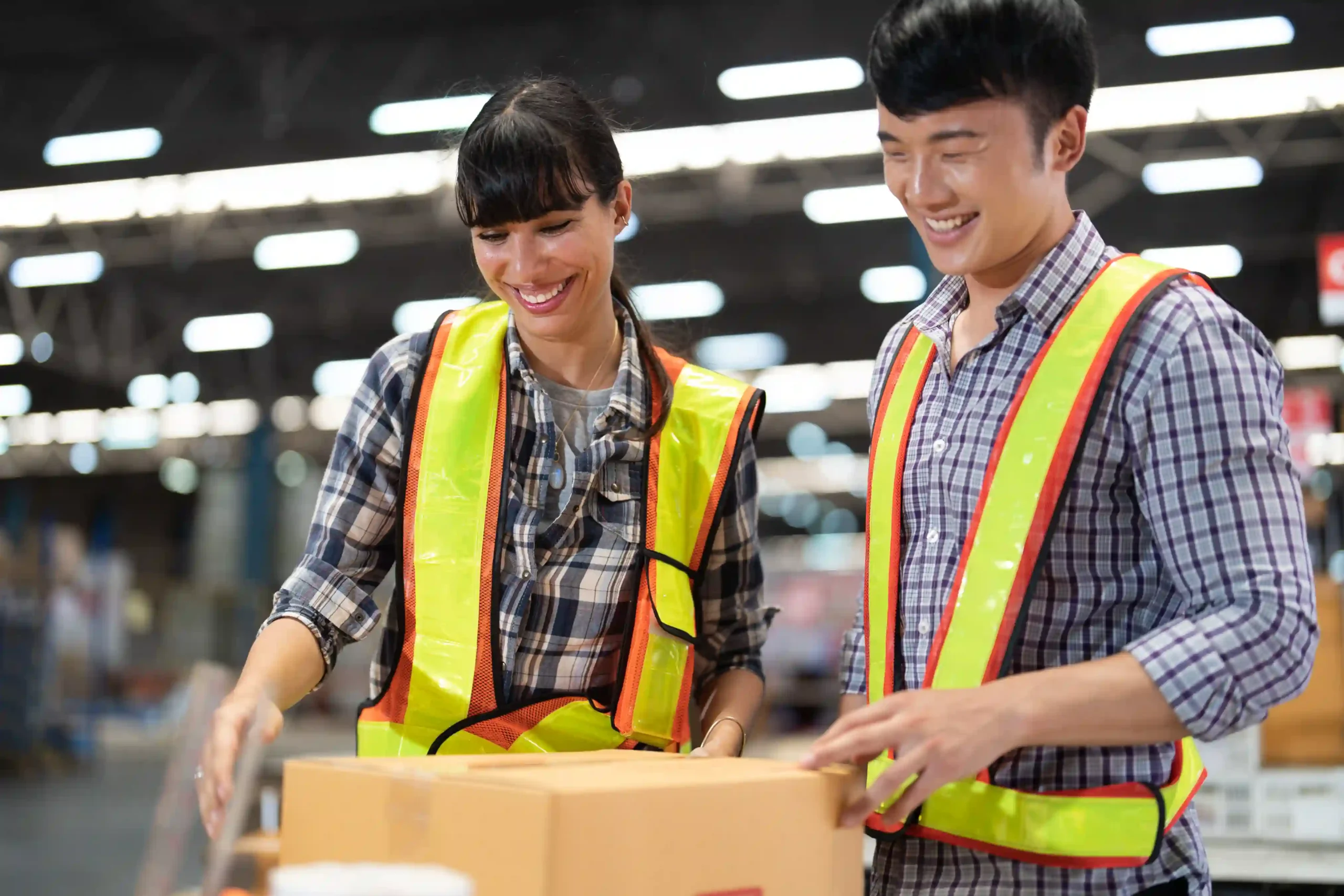 Two warehouse workers in reflective vests organizing packages as part of different types of storage system in warehouse operations.