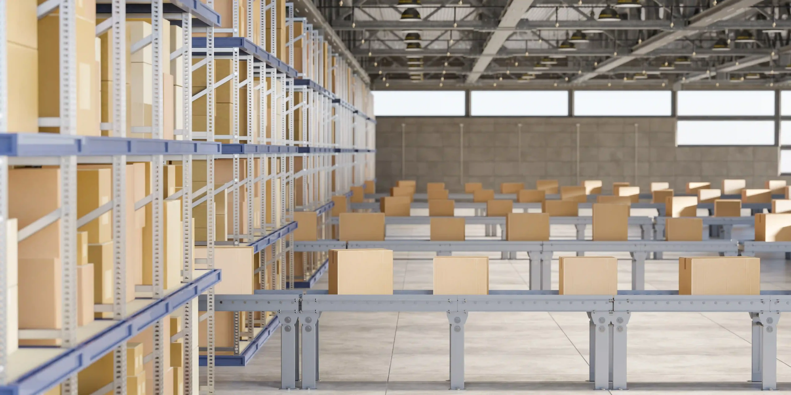 3D-rendered warehouse with boxes on steel shelving highlighting scalable storage solutions for warehouse environments
